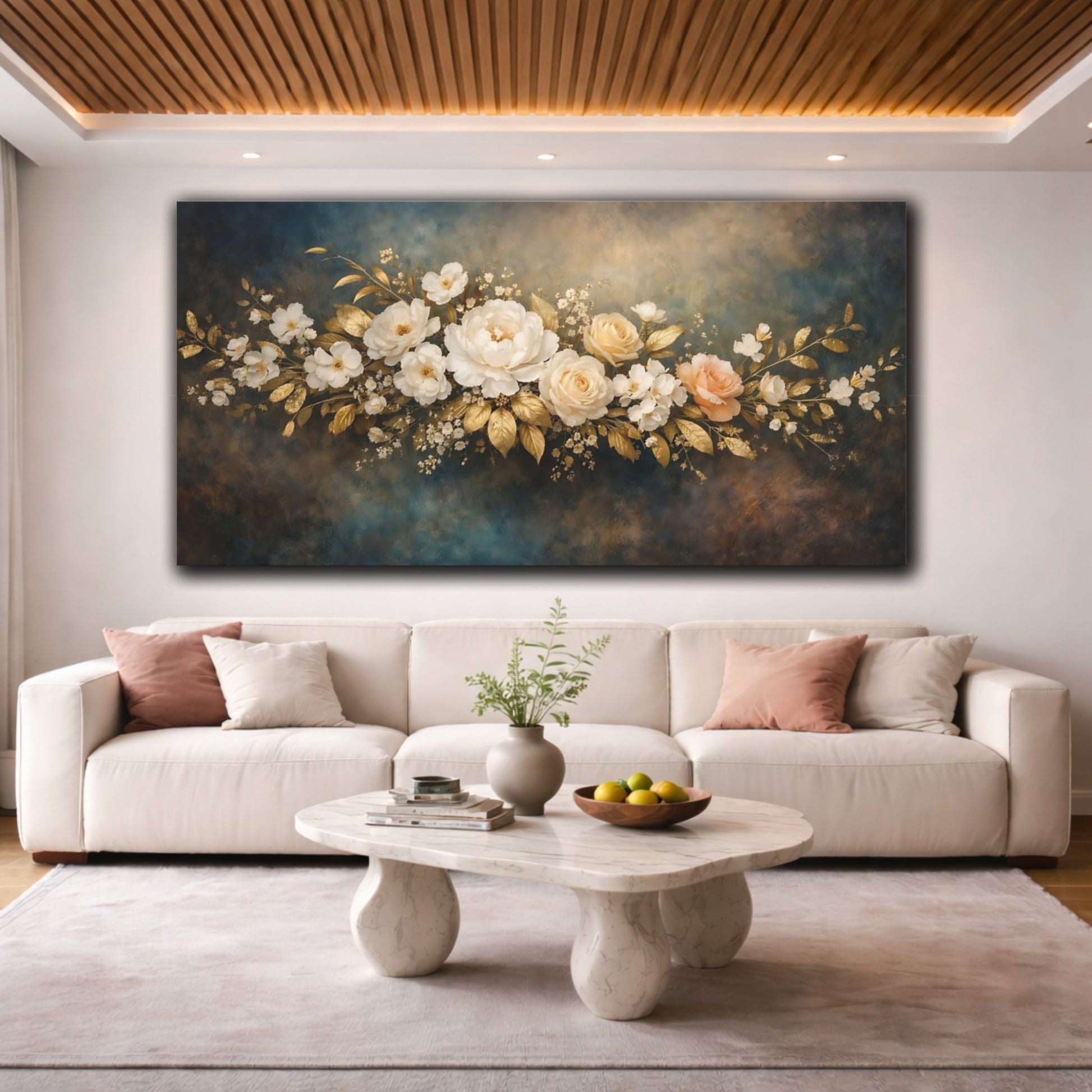 Mockup 3. Floral Floral Arrangement Gold And Blue Floral shown as stretched canvas wall art
