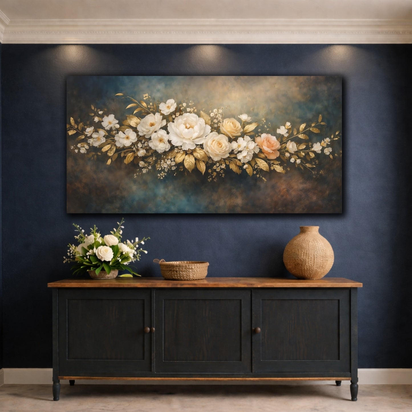 Mockup 4. Floral Floral Arrangement Gold And Blue Floral shown as stretched canvas wall art