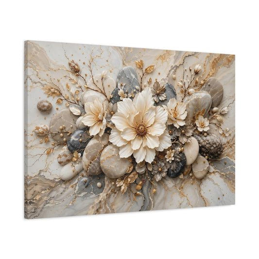Main Mockup. Floral Floral Arrangement Gold And Grey Floral shown as stretched canvas wall art