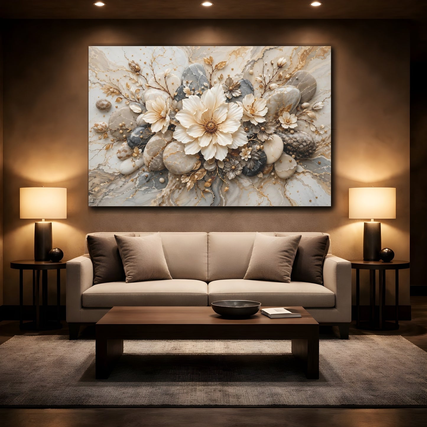 Mockup 2. Floral Floral Arrangement Gold And Grey Floral shown as stretched canvas wall art