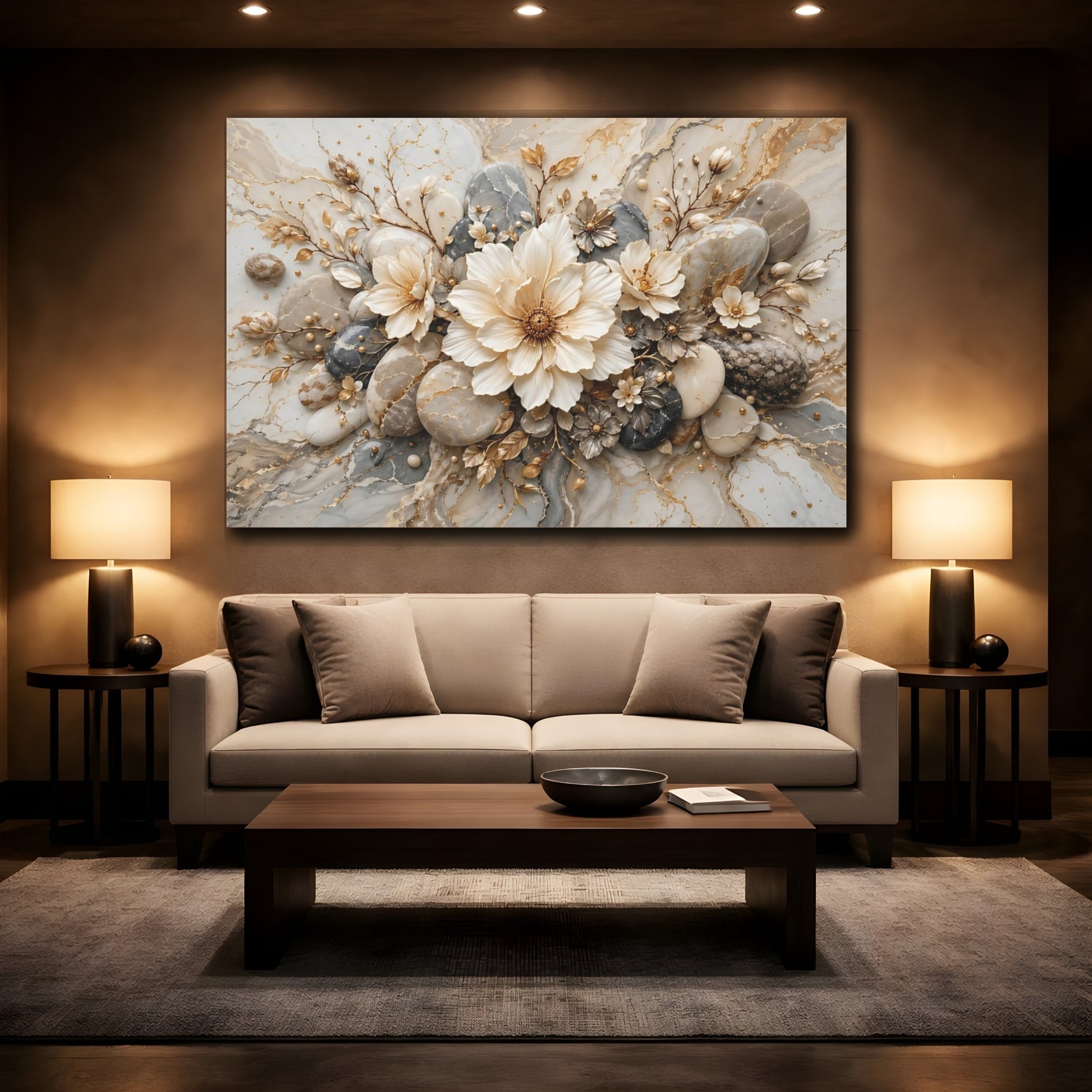 Mockup 2. Floral Floral Arrangement Gold And Grey Floral shown as stretched canvas wall art