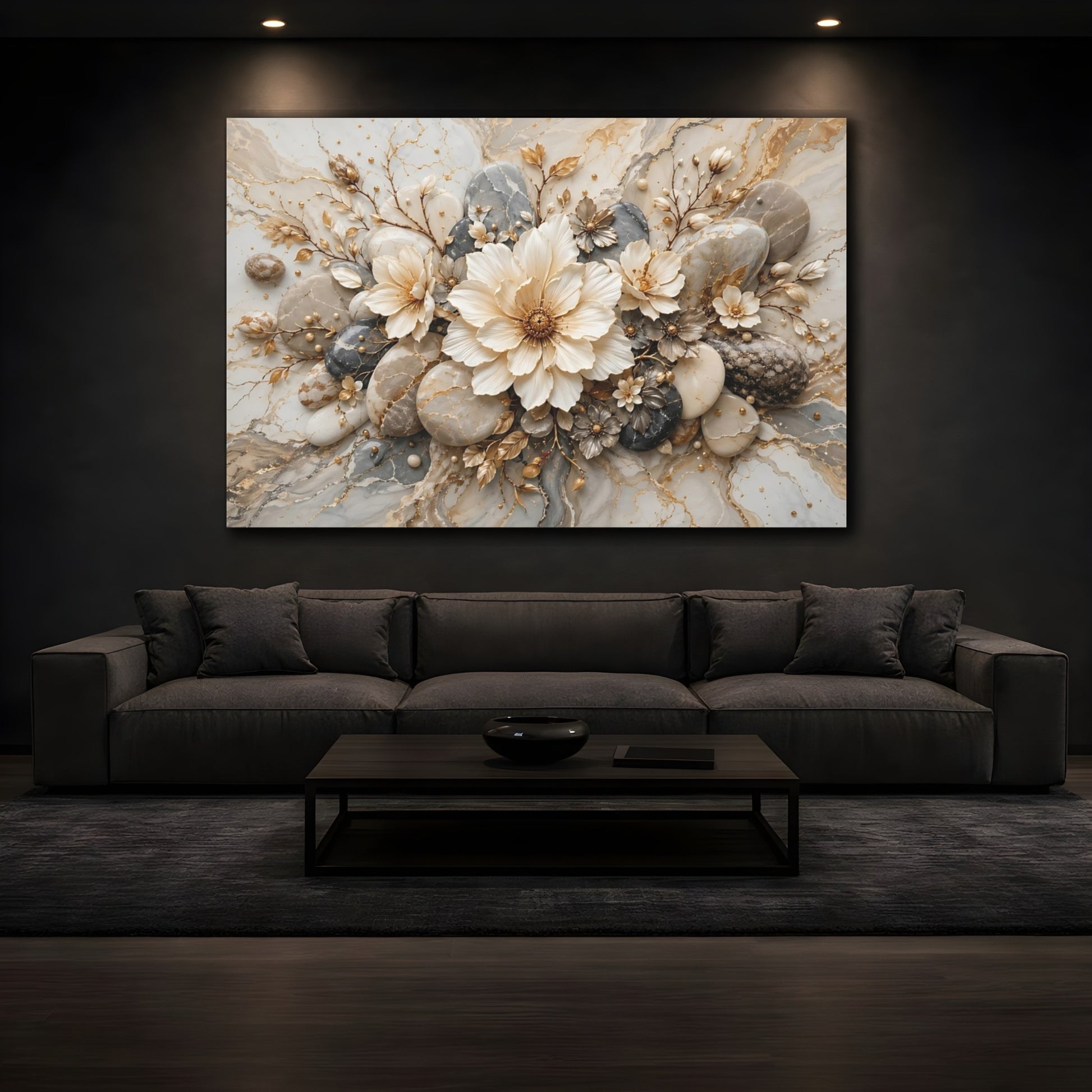 Mockup 3. Floral Floral Arrangement Gold And Grey Floral shown as stretched canvas wall art