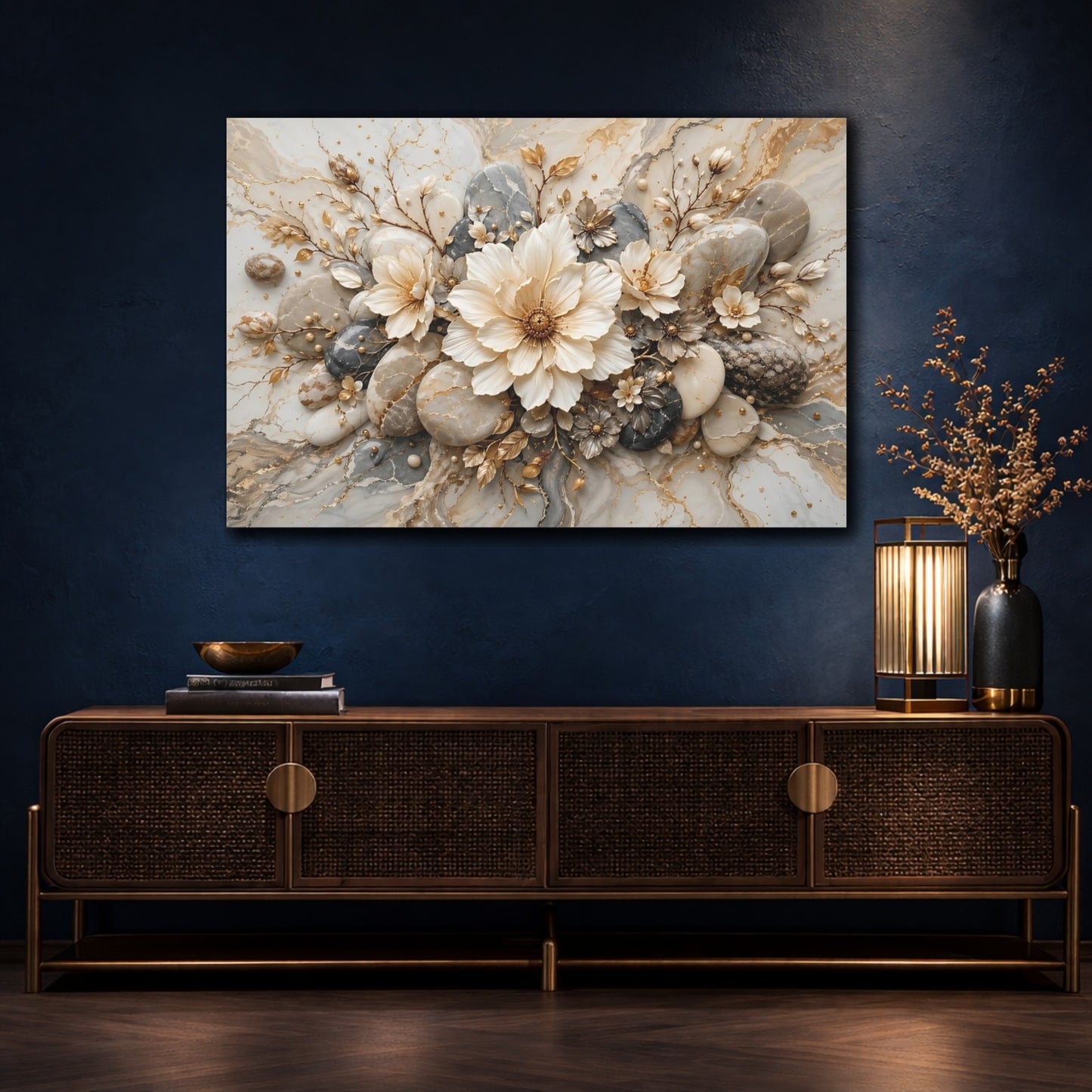 Mockup 4. Floral Floral Arrangement Gold And Grey Floral shown as stretched canvas wall art