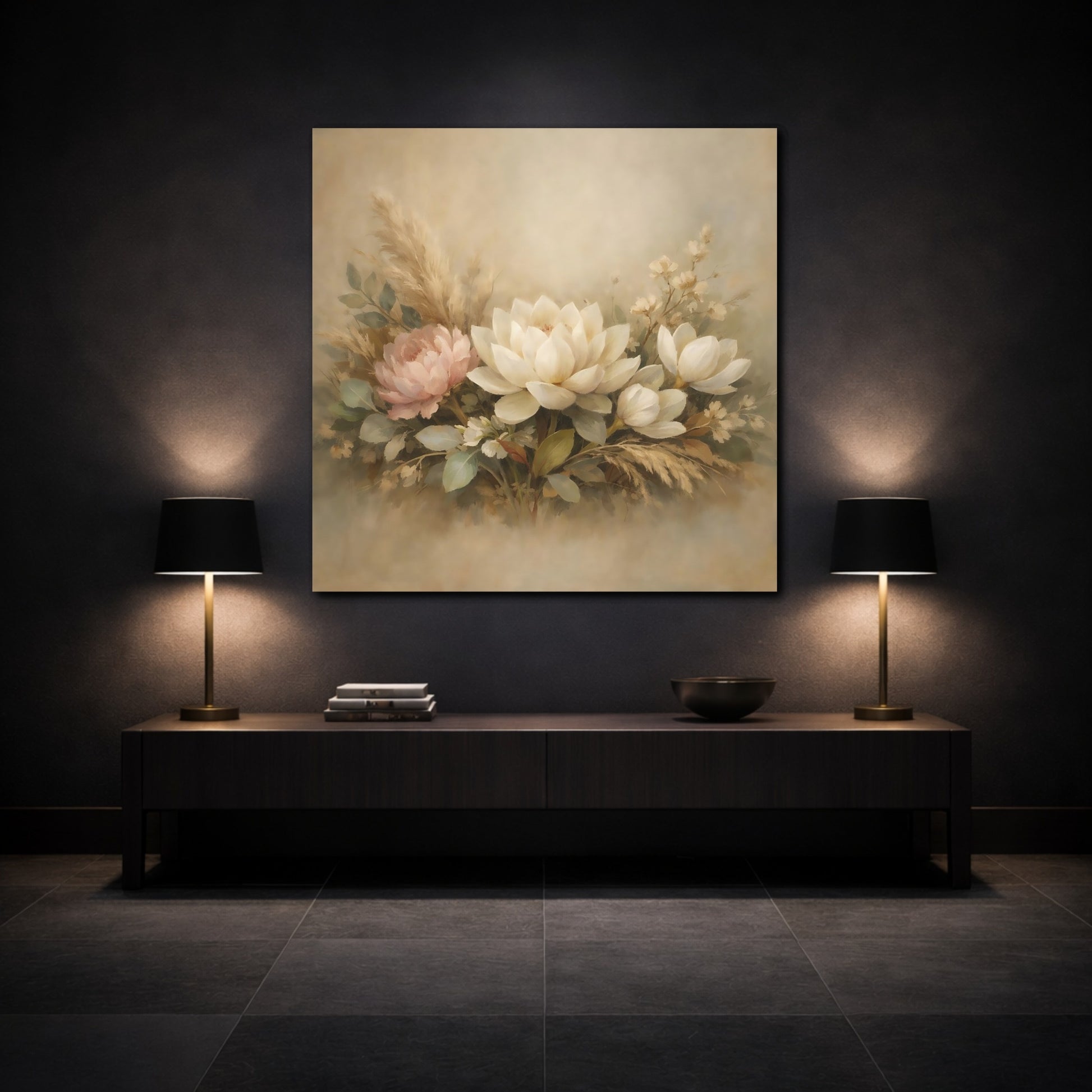 Mockup 3. Floral Floral Arrangement Neutral Floral Arrangement shown as stretched canvas wall art