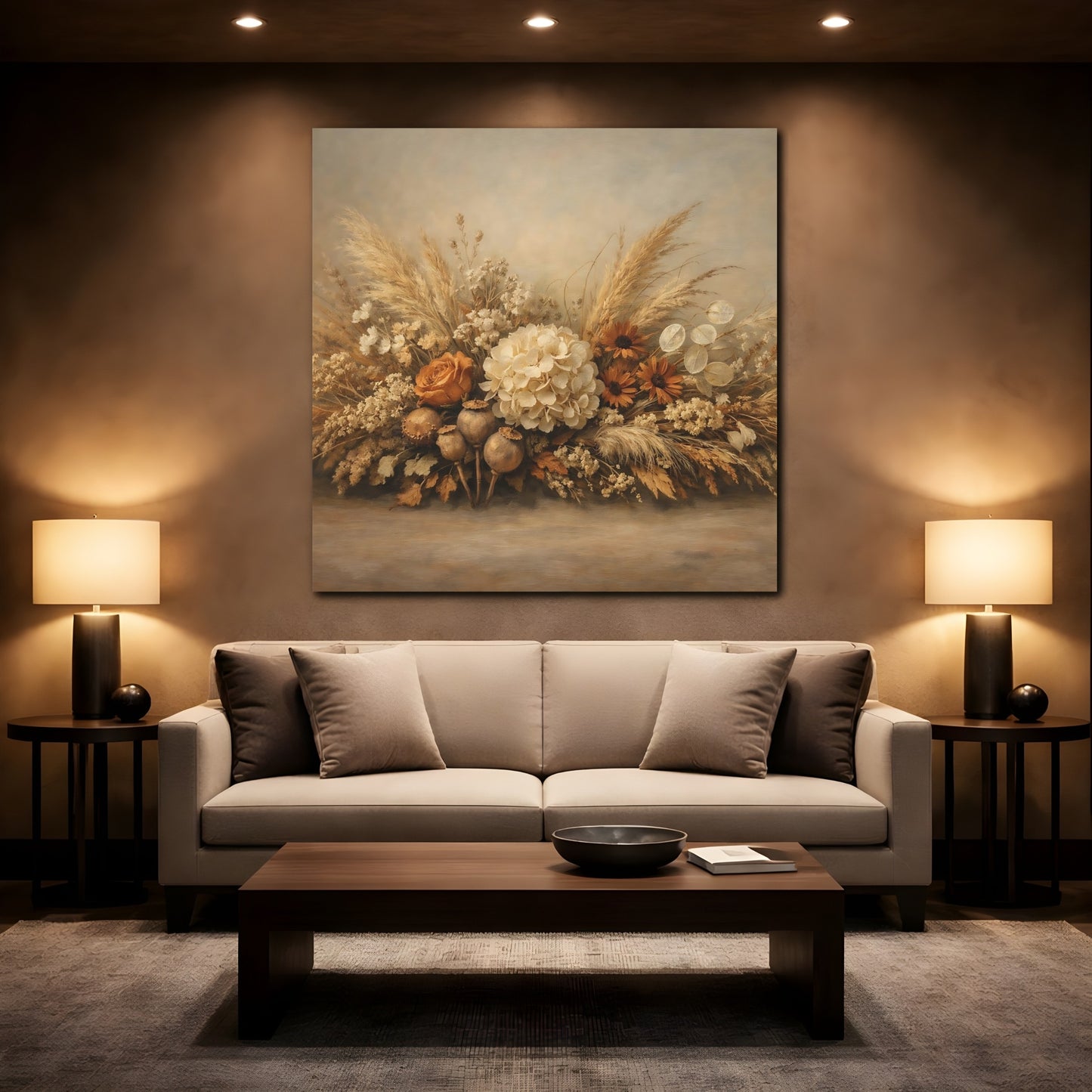 Mockup 2. Floral Floral Arrangement Neutral Tones shown as stretched canvas wall art