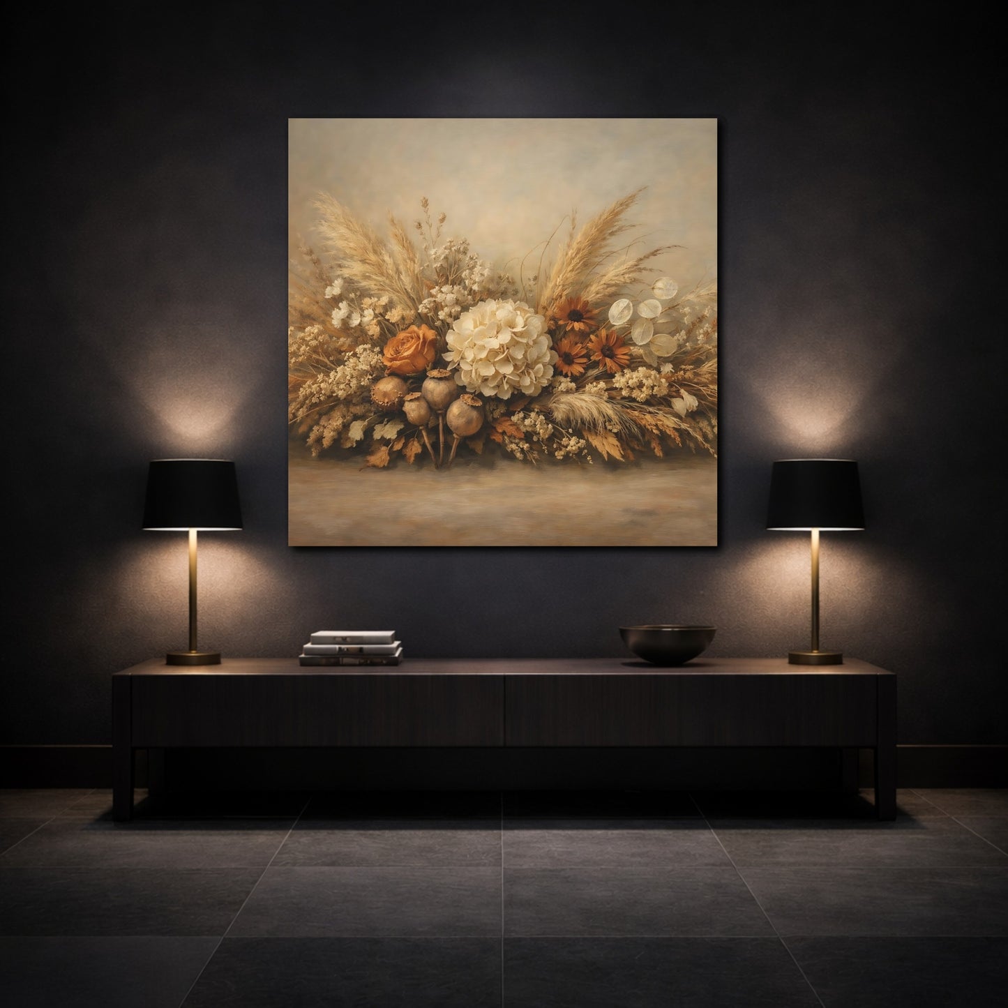 Mockup 3. Floral Floral Arrangement Neutral Tones shown as stretched canvas wall art