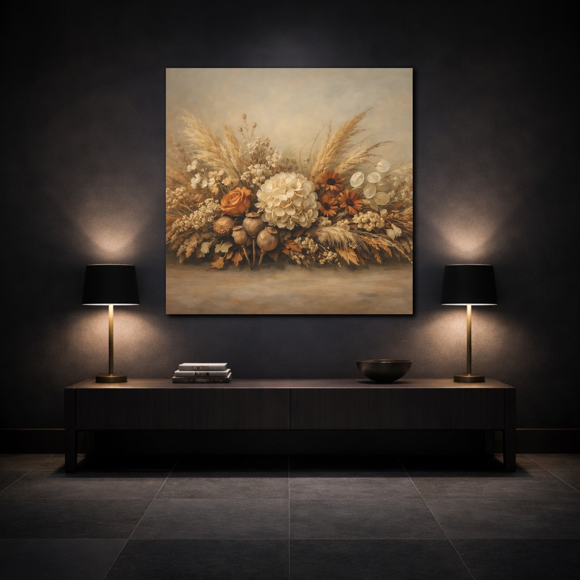 Mockup 3. Floral Floral Arrangement Neutral Tones shown as stretched canvas wall art