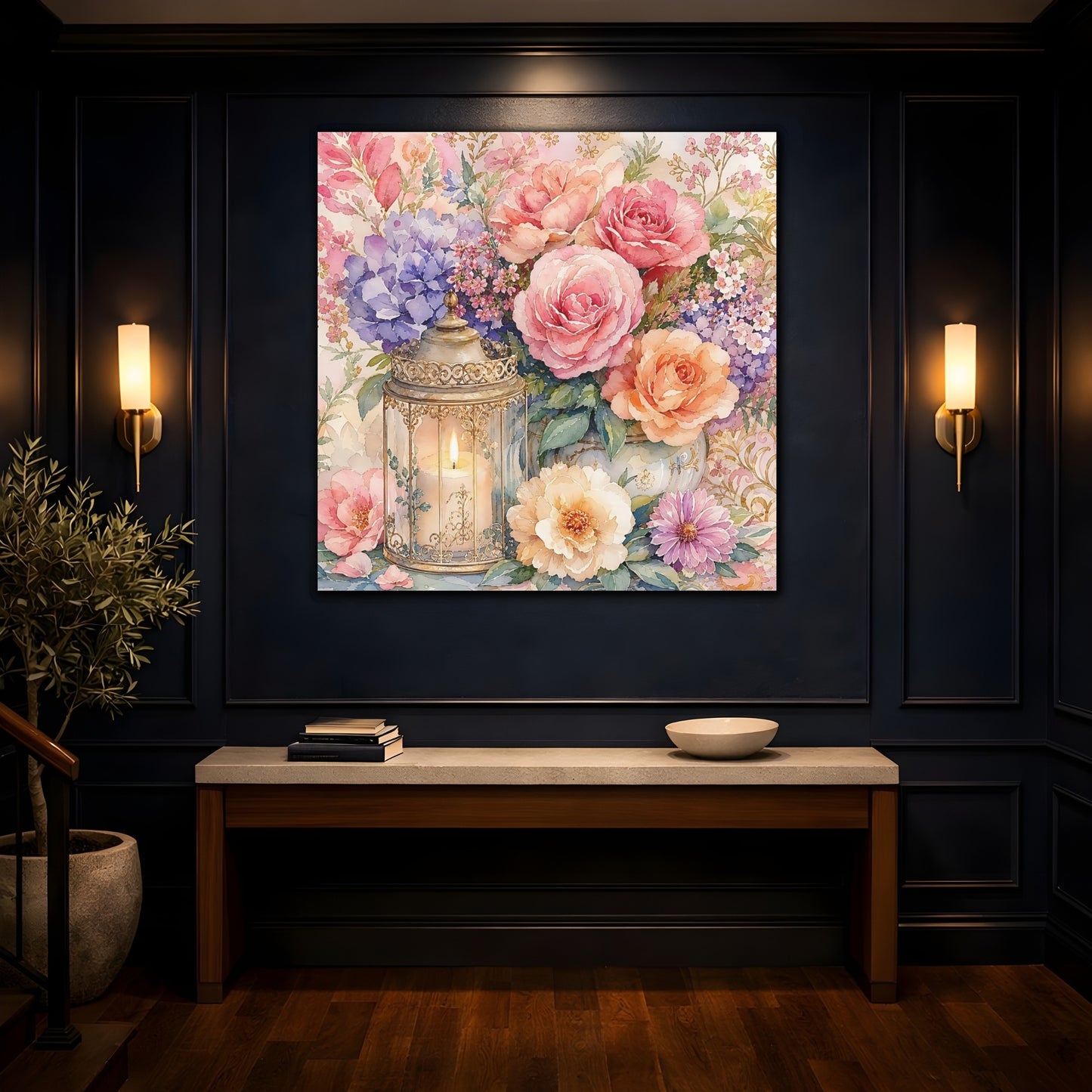 Mockup 4. Floral Floral Arrangement Pastel Floral shown as stretched canvas wall art