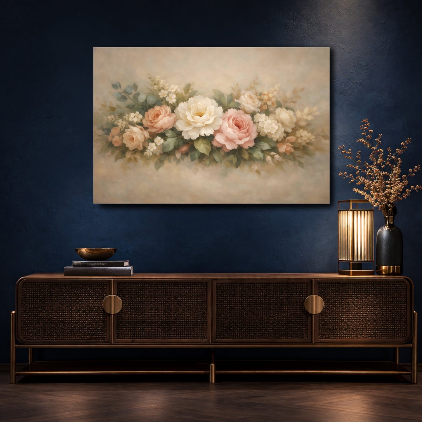 Mockup 4. Floral Floral Arrangement Pastel Floral shown as stretched canvas wall art