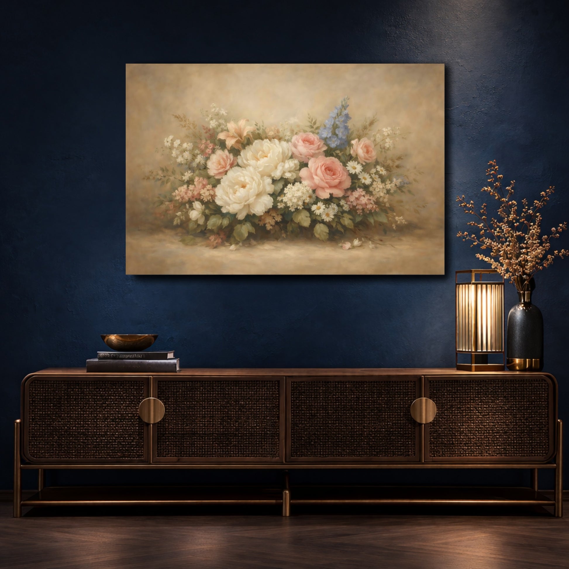 Mockup 4. Floral Floral Arrangement Pastel Flower Bouquet shown as stretched canvas wall art