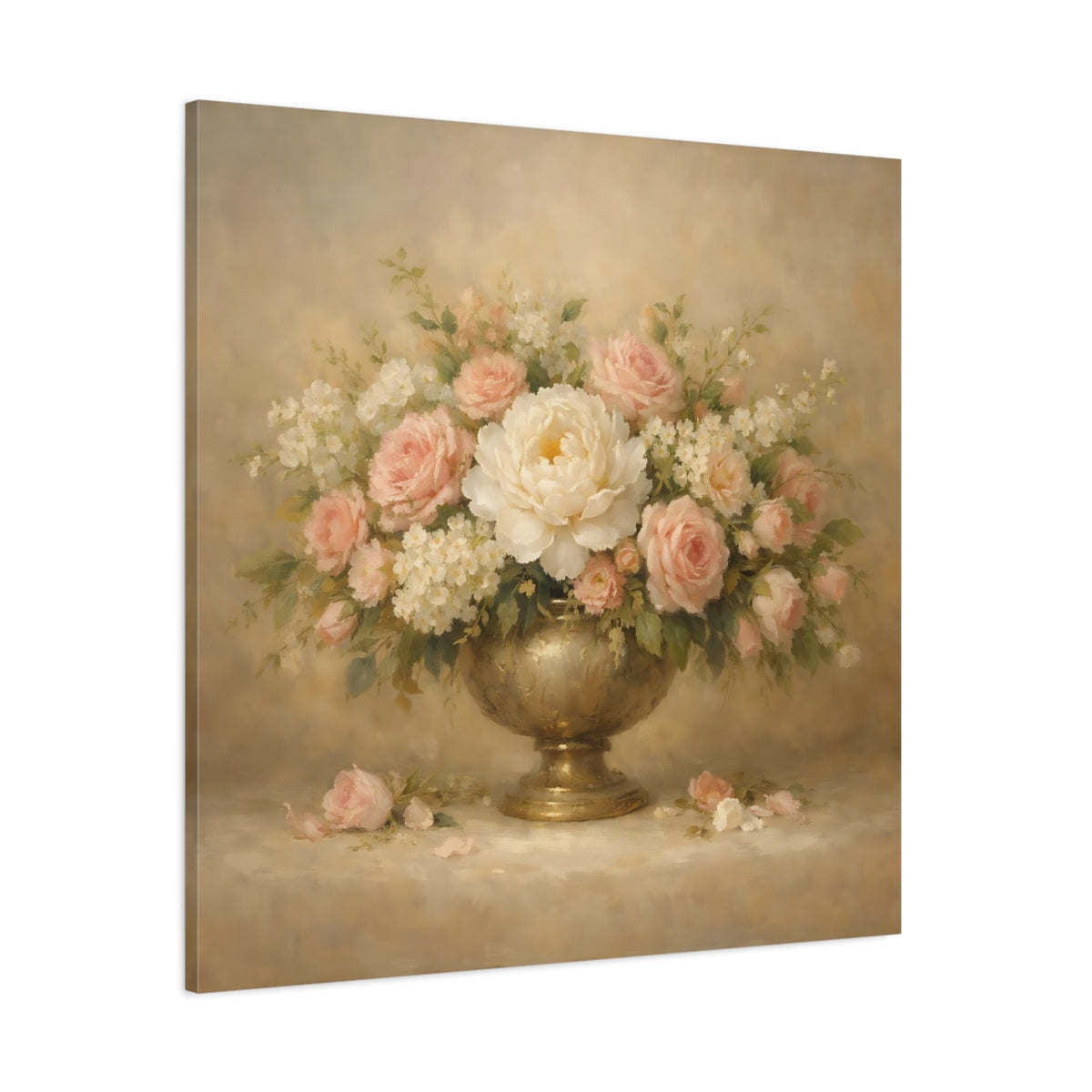 Main Mockup. Floral Floral Arrangement Pink And Gold Floral shown as stretched canvas wall art