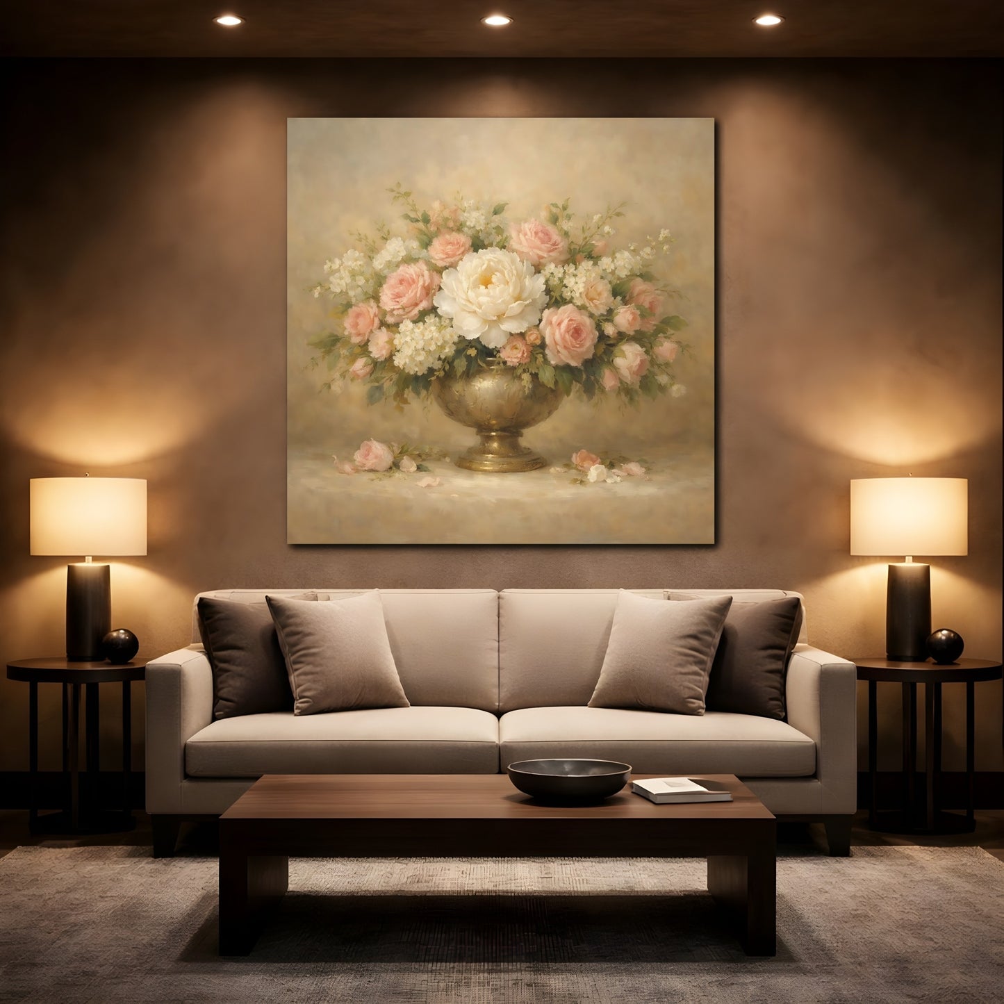 Mockup 2. Floral Floral Arrangement Pink And Gold Floral shown as stretched canvas wall art