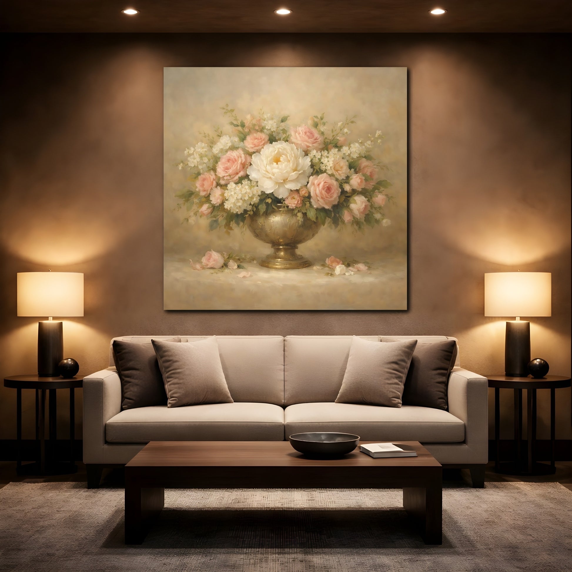 Mockup 2. Floral Floral Arrangement Pink And Gold Floral shown as stretched canvas wall art