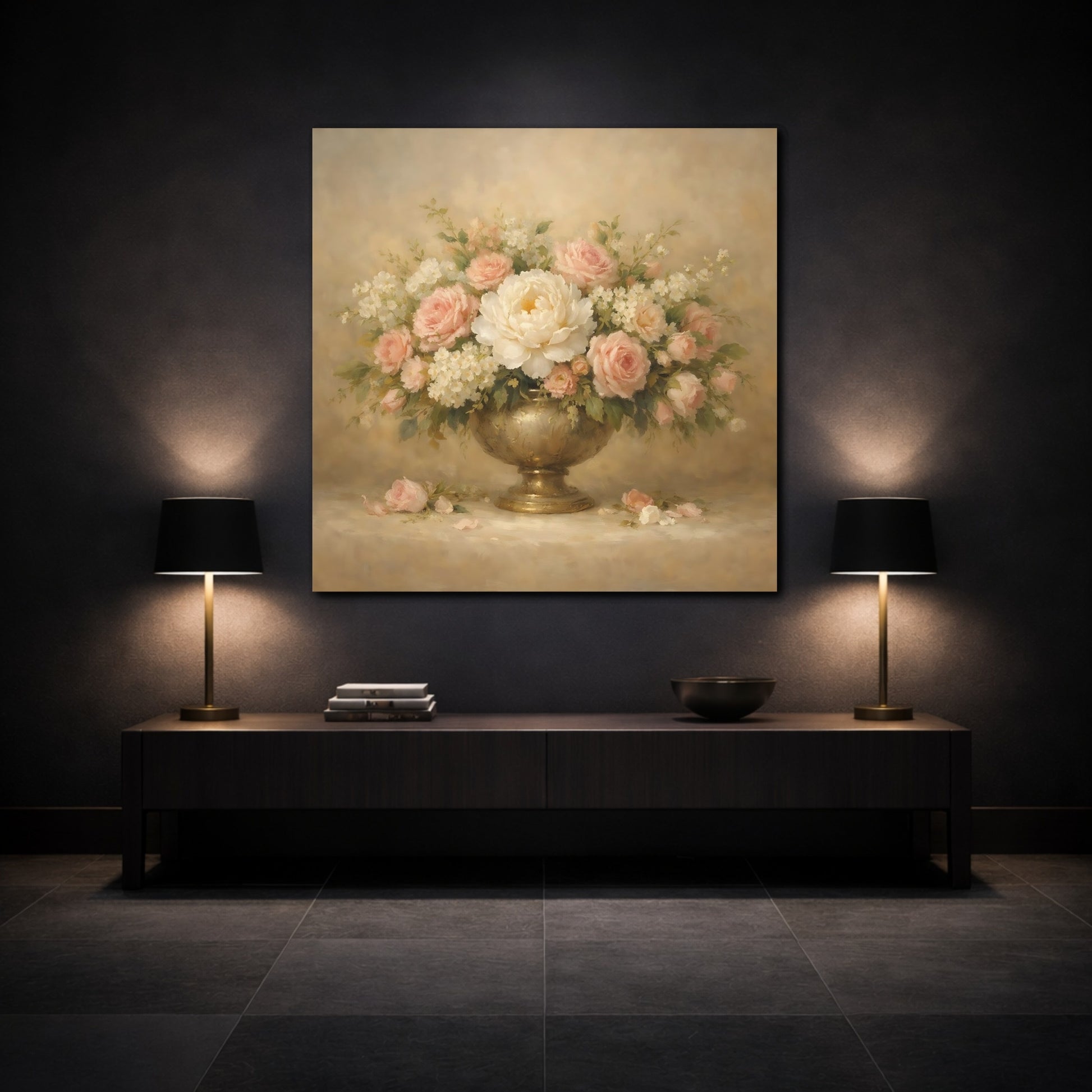 Mockup 3. Floral Floral Arrangement Pink And Gold Floral shown as stretched canvas wall art