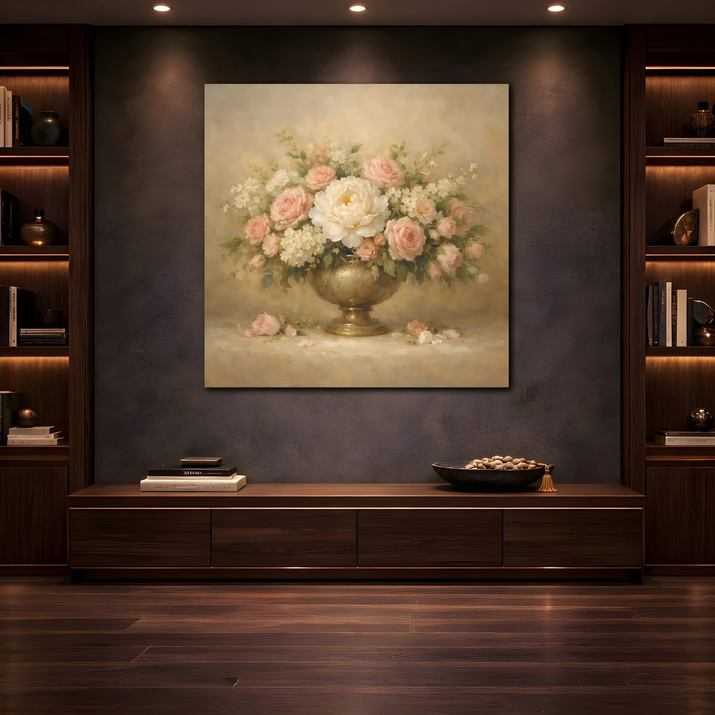 Mockup 4. Floral Floral Arrangement Pink And Gold Floral shown as stretched canvas wall art