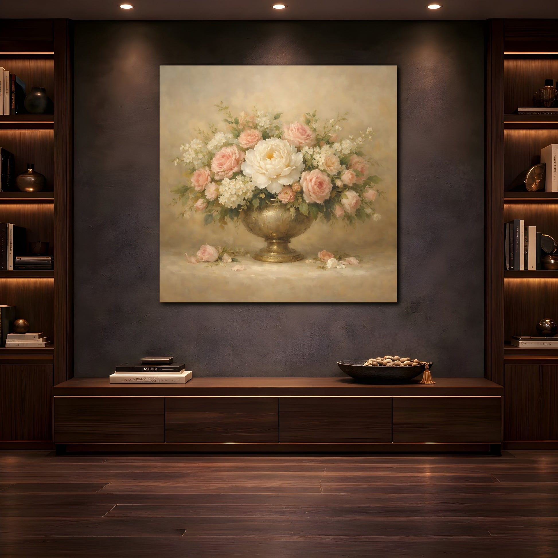 Mockup 4. Floral Floral Arrangement Pink And Gold Floral shown as stretched canvas wall art