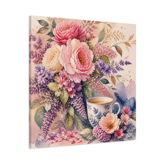 Main Mockup. Floral Floral Arrangement Pink And Purple Floral shown as stretched canvas wall art