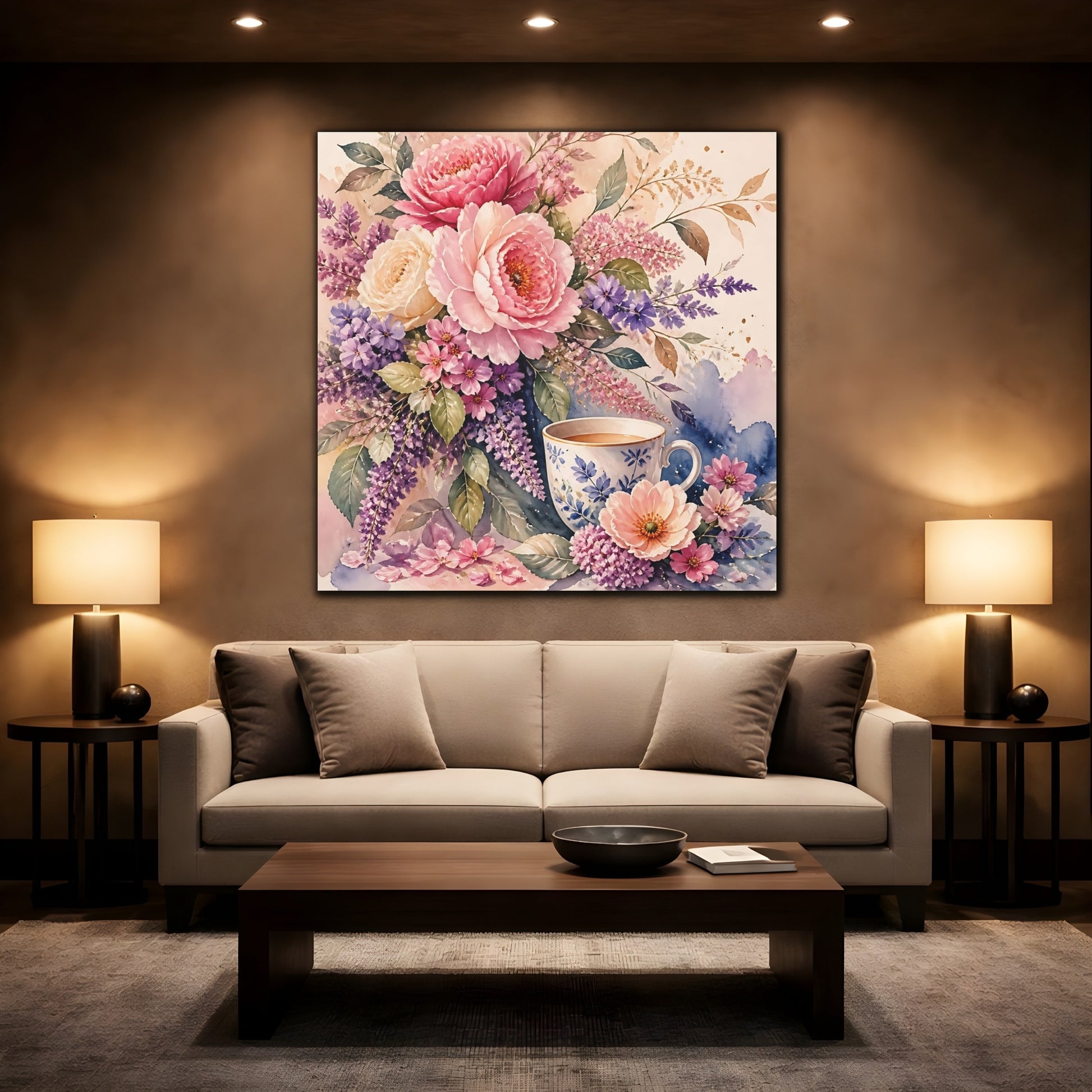 Mockup 2. Floral Floral Arrangement Pink And Purple Floral shown as stretched canvas wall art