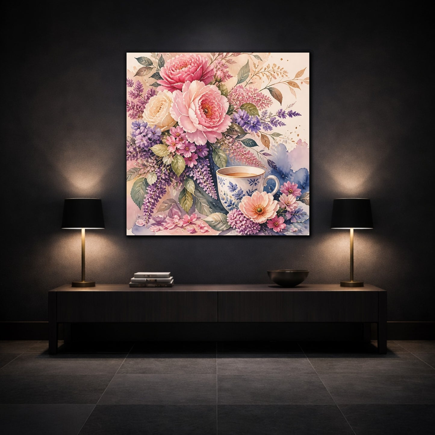 Mockup 3. Floral Floral Arrangement Pink And Purple Floral shown as stretched canvas wall art