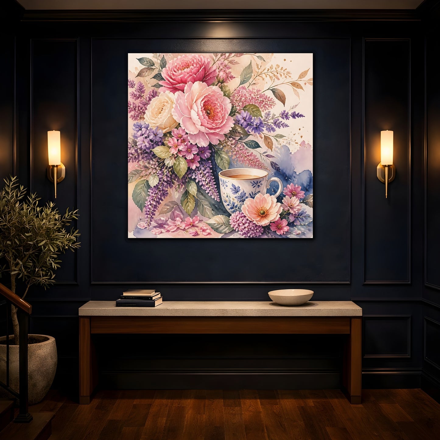 Mockup 4. Floral Floral Arrangement Pink And Purple Floral shown as stretched canvas wall art