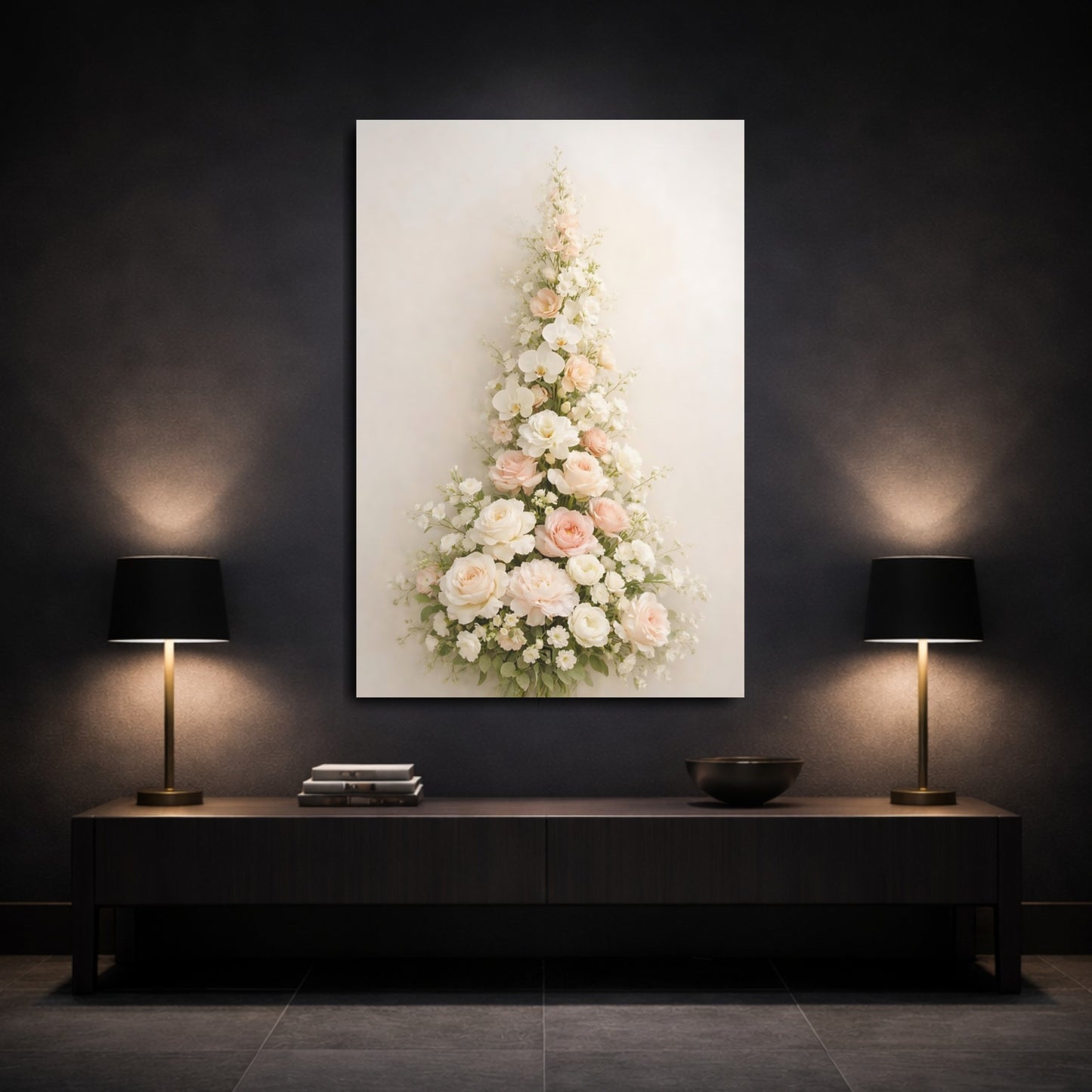 Mockup 2. Floral Floral Arrangement Pink And White Floral shown as stretched canvas wall art