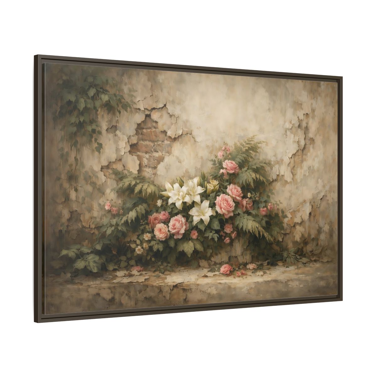 Main Mockup. Floral Floral Arrangement Pink And White Flowers shown as stretched canvas wall art