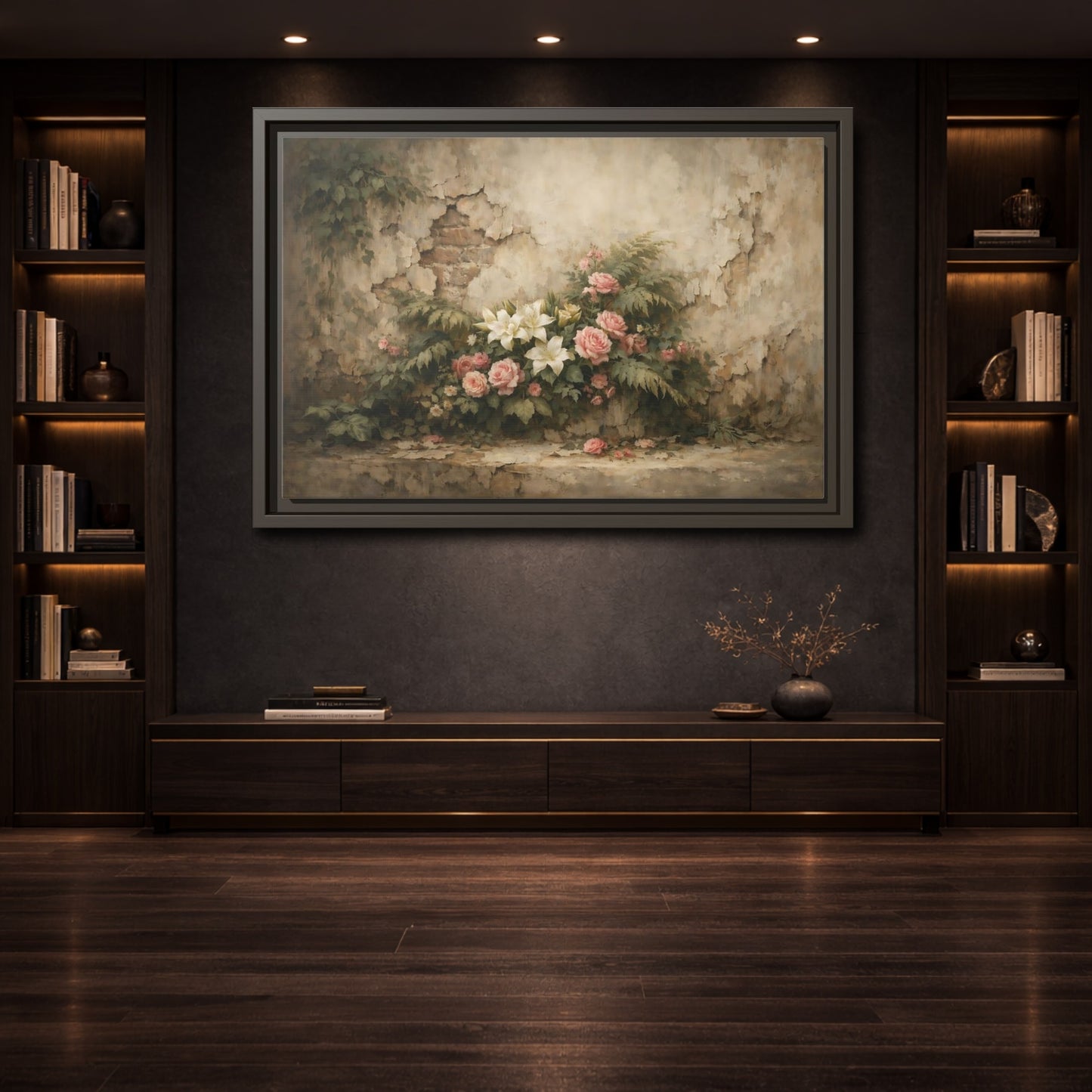 Mockup 3. Floral Floral Arrangement Pink And White Flowers shown as stretched canvas wall art