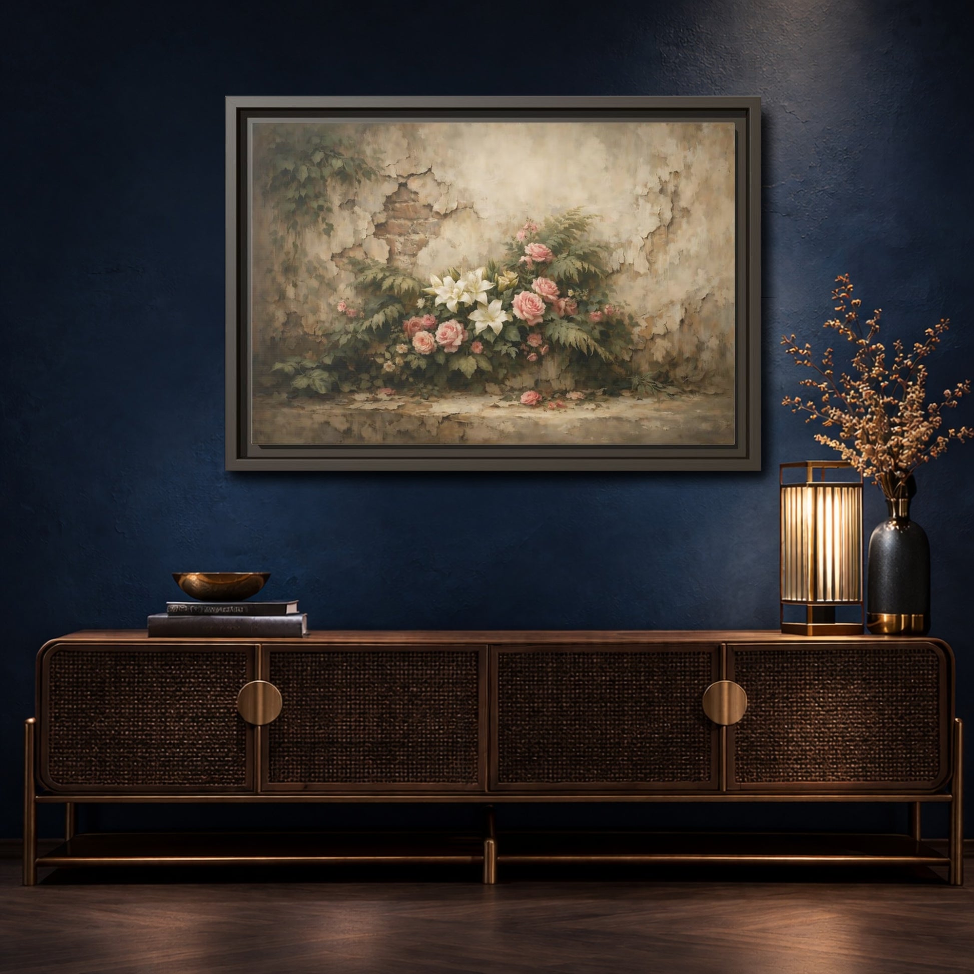 Mockup 4. Floral Floral Arrangement Pink And White Flowers shown as stretched canvas wall art