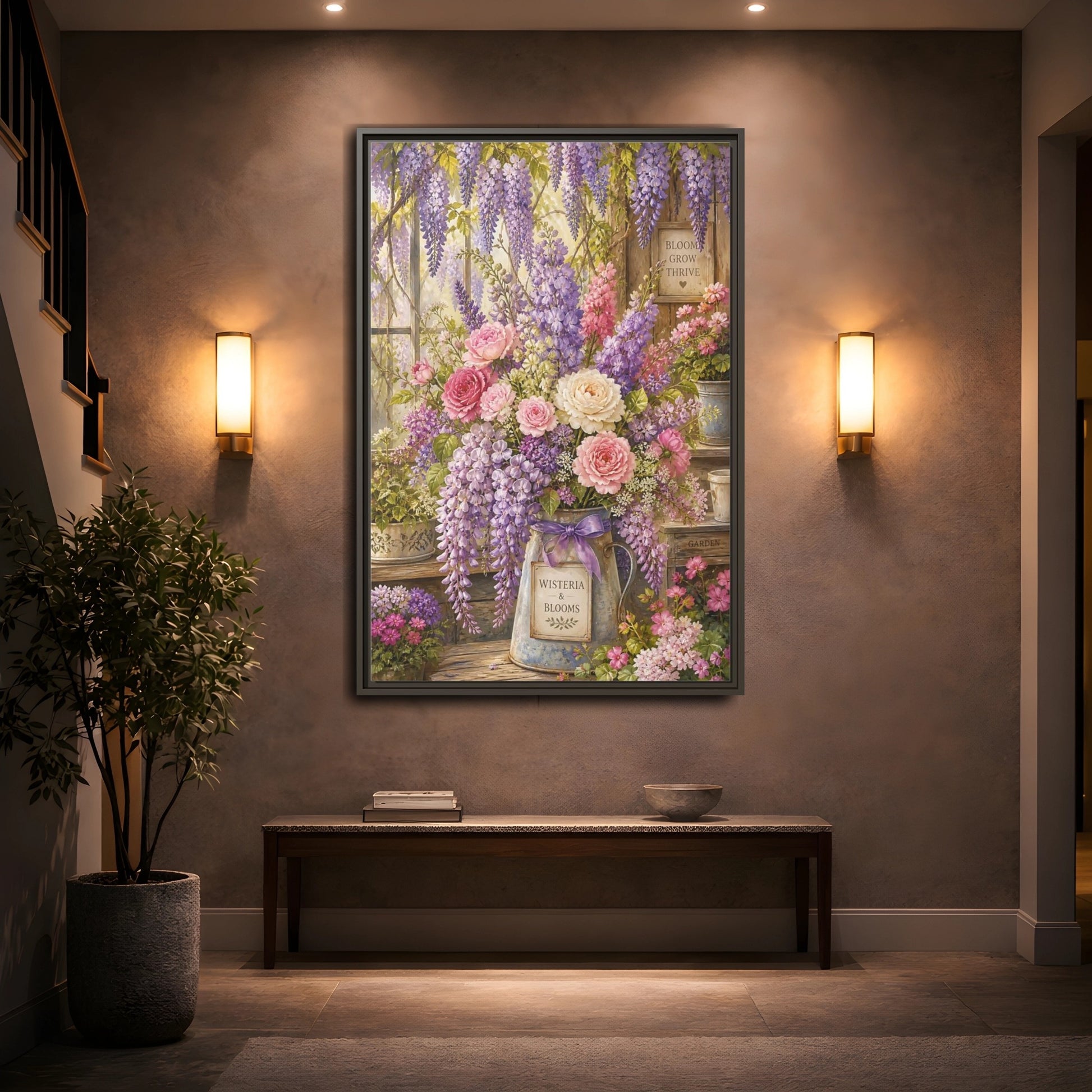 Mockup 2. Floral Floral Arrangement Purple Floral Garden shown as framed canvas print