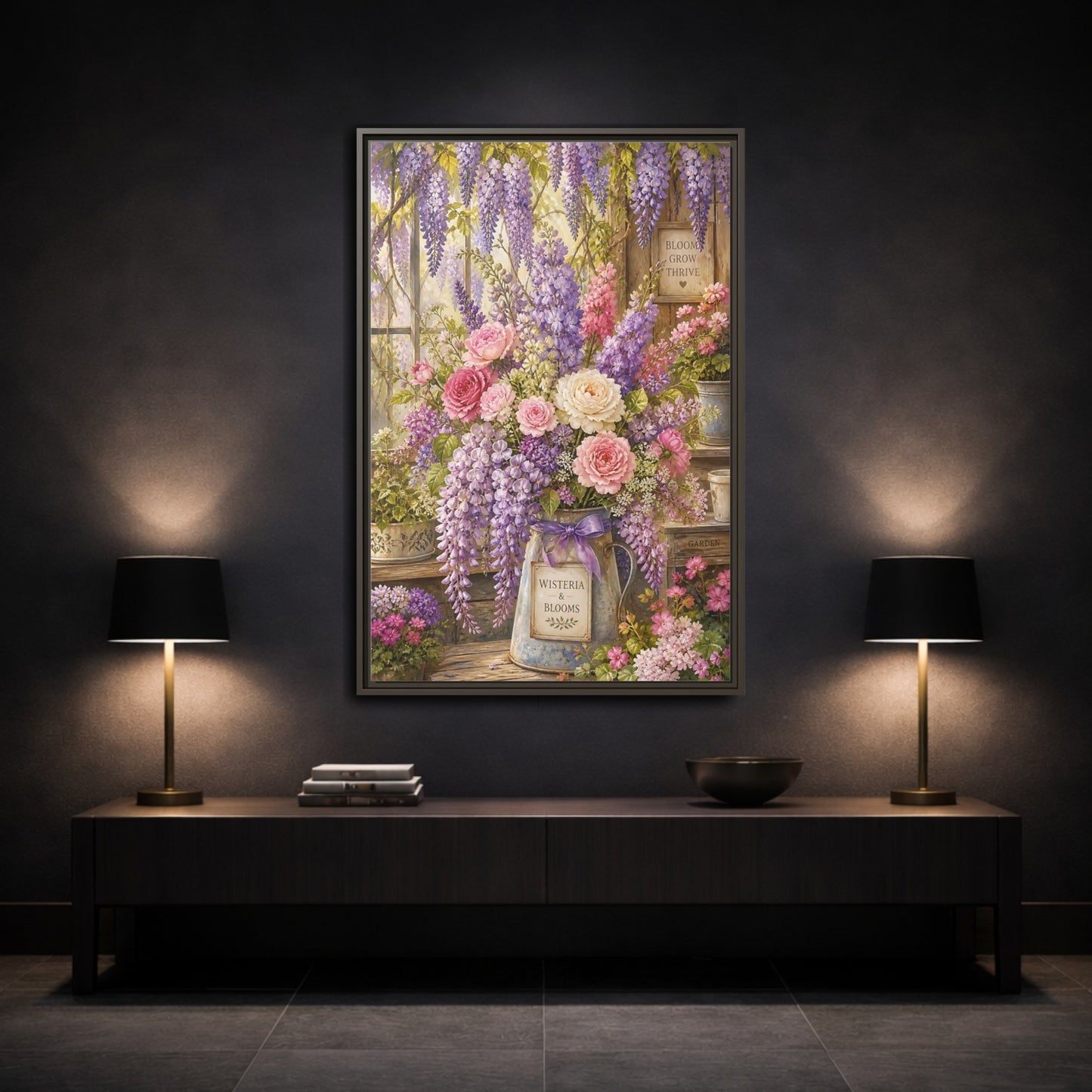 Mockup 3. Floral Floral Arrangement Purple Floral Garden shown as framed canvas print