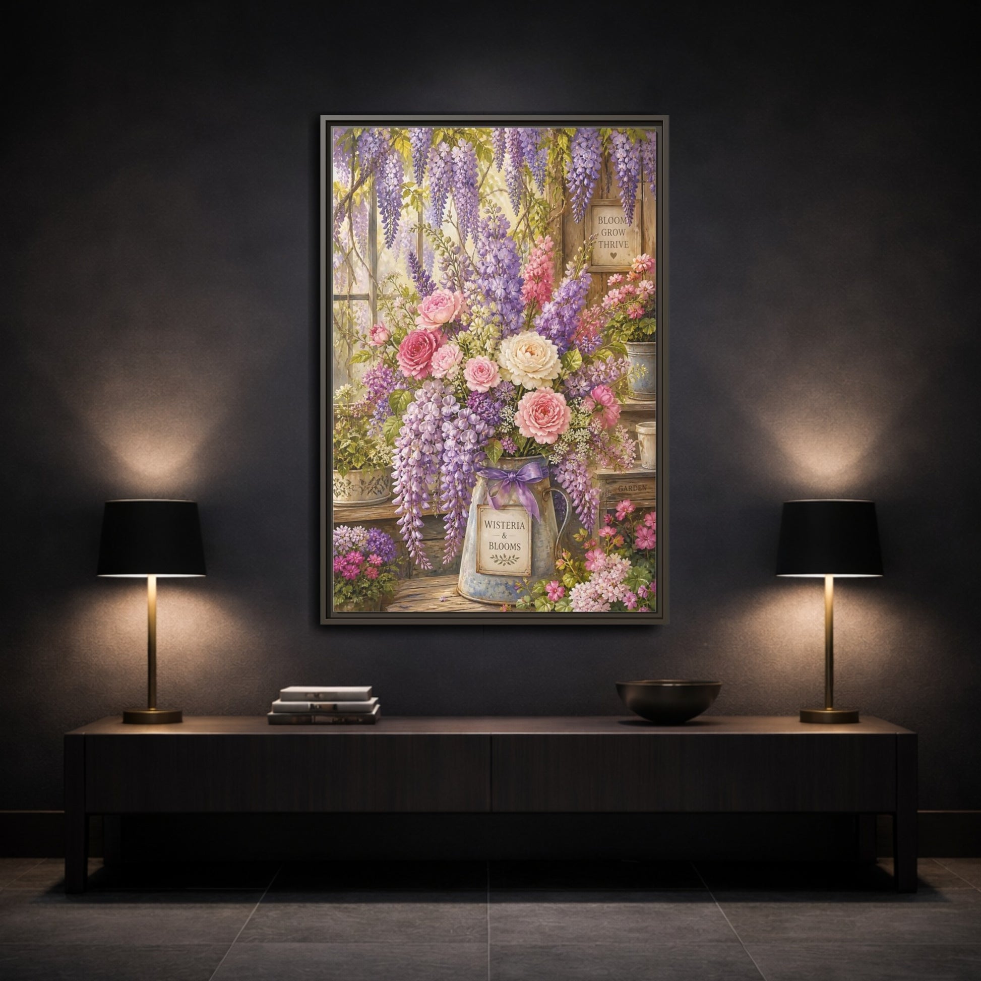 Mockup 3. Floral Floral Arrangement Purple Floral Garden shown as framed canvas print