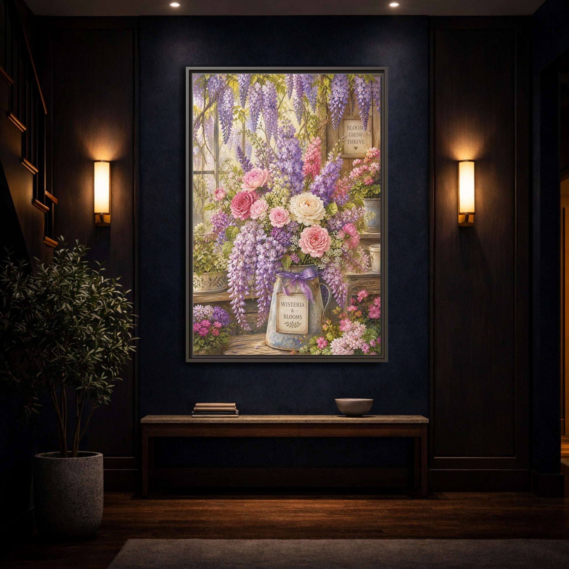Mockup 4. Floral Floral Arrangement Purple Floral Garden shown as framed canvas print