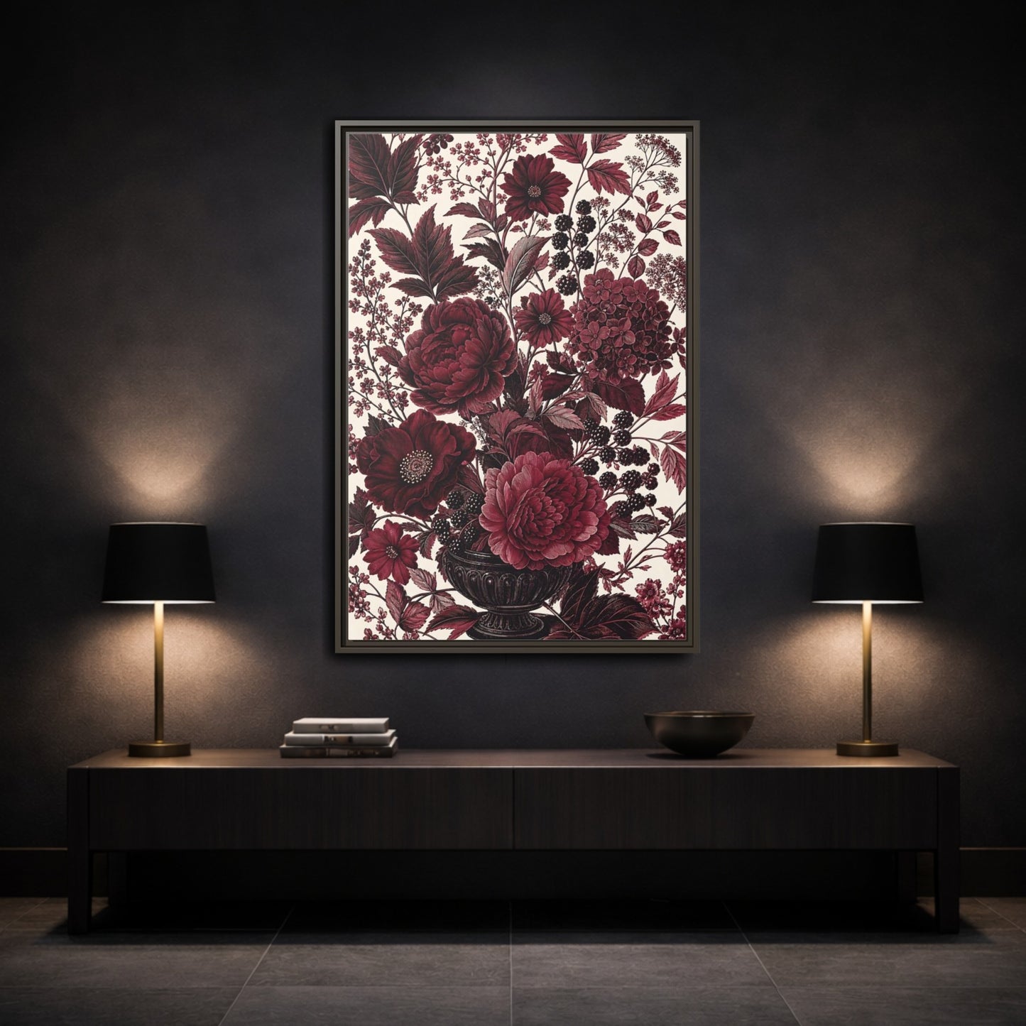 Mockup 3. Floral Floral Arrangement Red Floral shown as framed canvas print