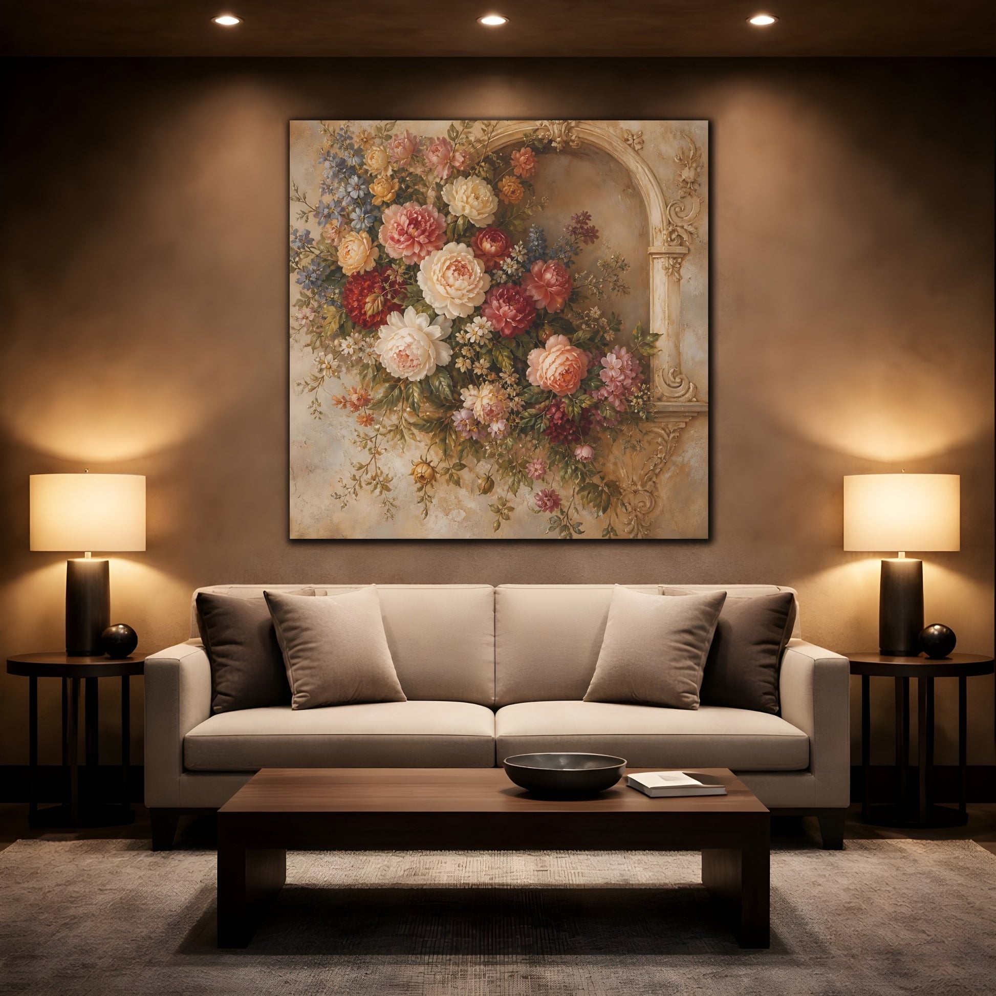 Mockup 2. Floral Floral Arrangement Vintage Floral Arch shown as stretched canvas wall art