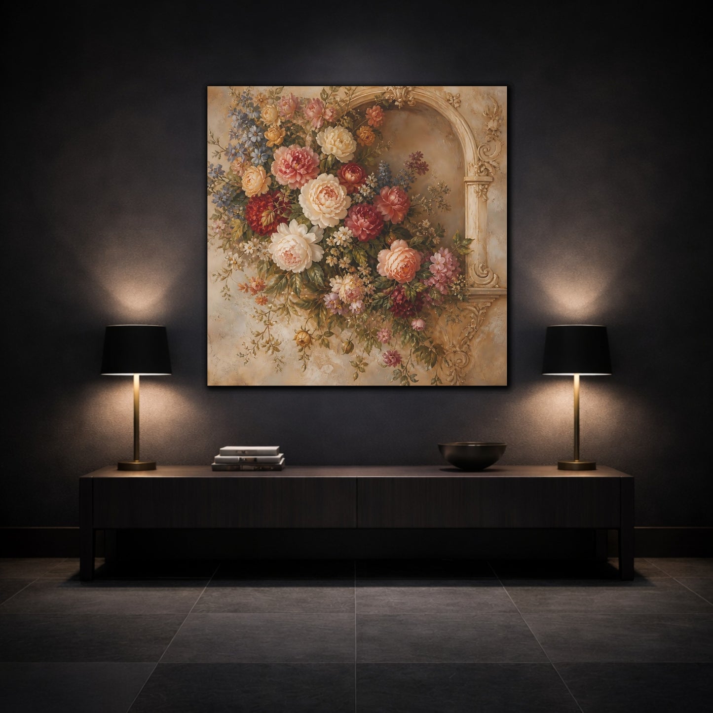 Mockup 3. Floral Floral Arrangement Vintage Floral Arch shown as stretched canvas wall art