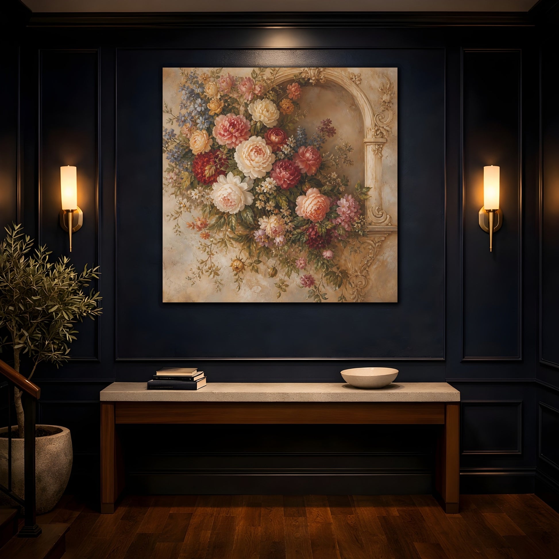 Mockup 4. Floral Floral Arrangement Vintage Floral Arch shown as stretched canvas wall art
