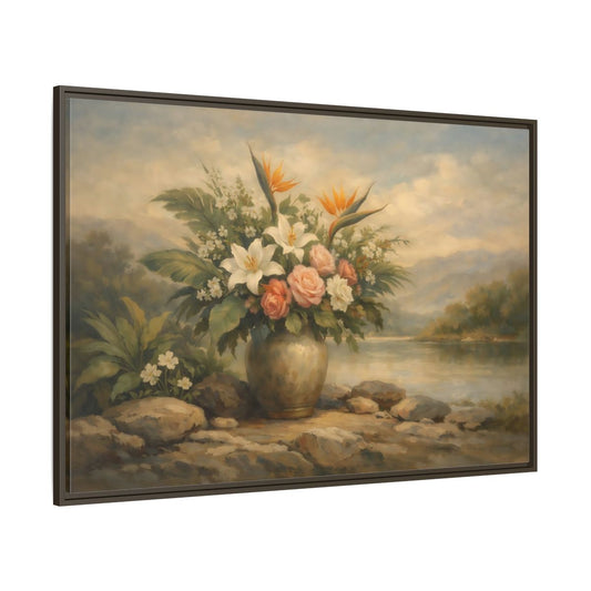 Main Mockup. Floral Floral Arrangement Vintage Floral Landscape shown as stretched canvas wall art