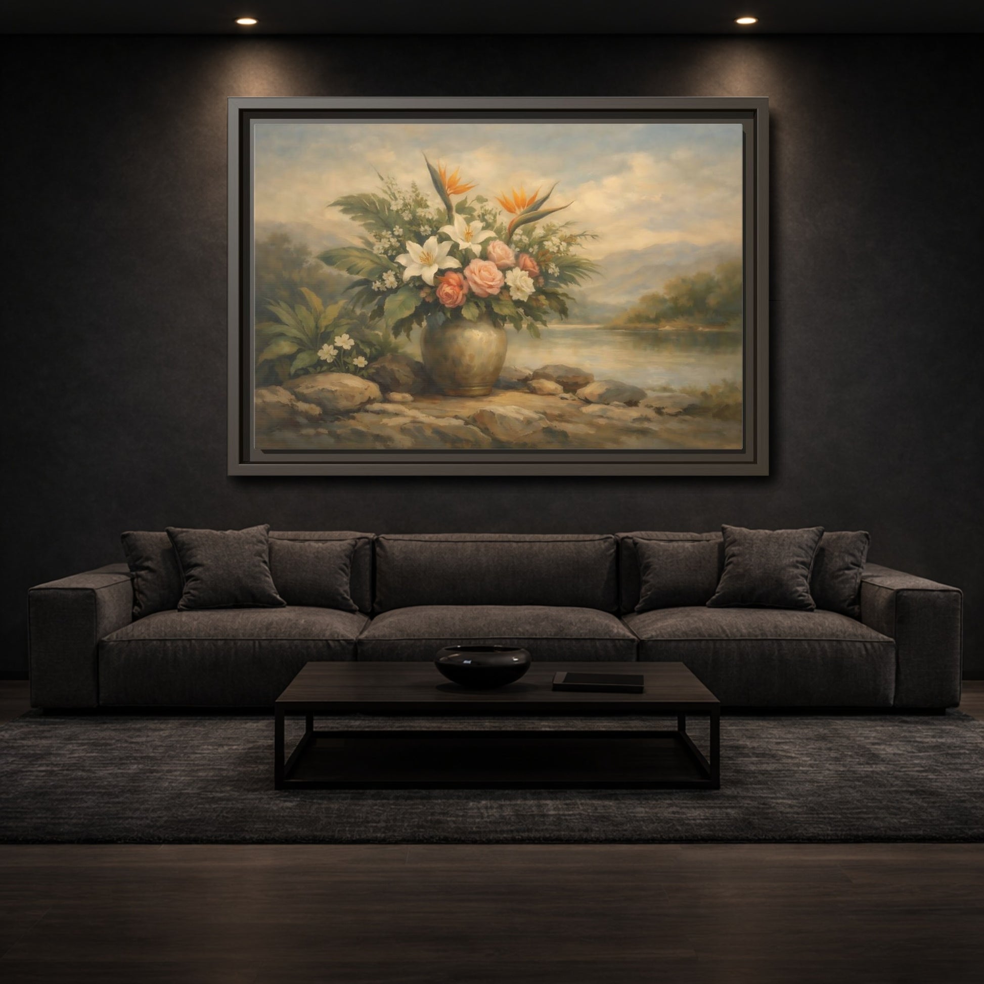 Mockup 2. Floral Floral Arrangement Vintage Floral Landscape shown as stretched canvas wall art