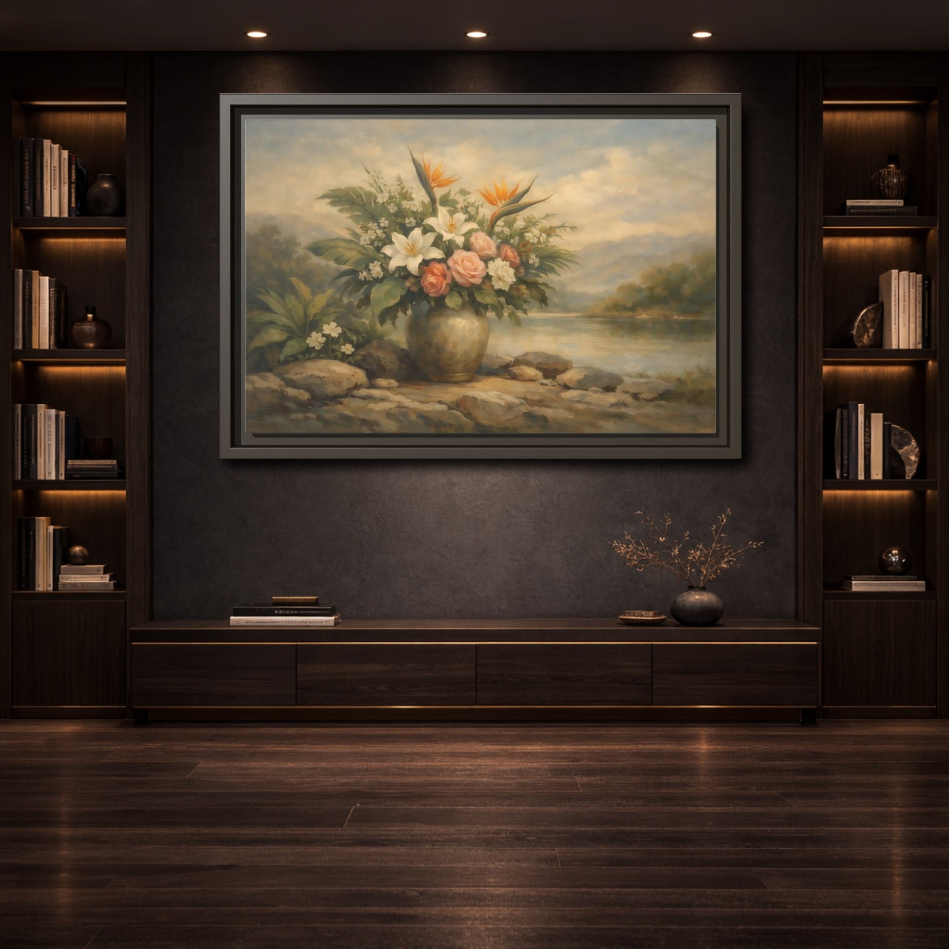Mockup 3. Floral Floral Arrangement Vintage Floral Landscape shown as stretched canvas wall art