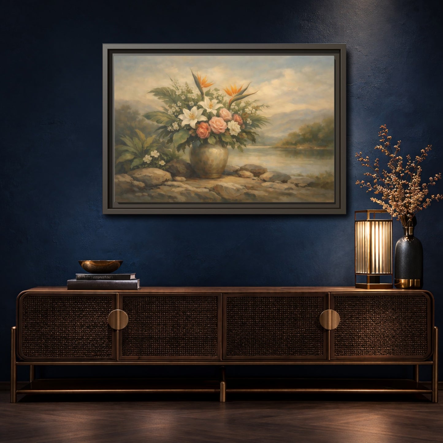 Mockup 4. Floral Floral Arrangement Vintage Floral Landscape shown as stretched canvas wall art
