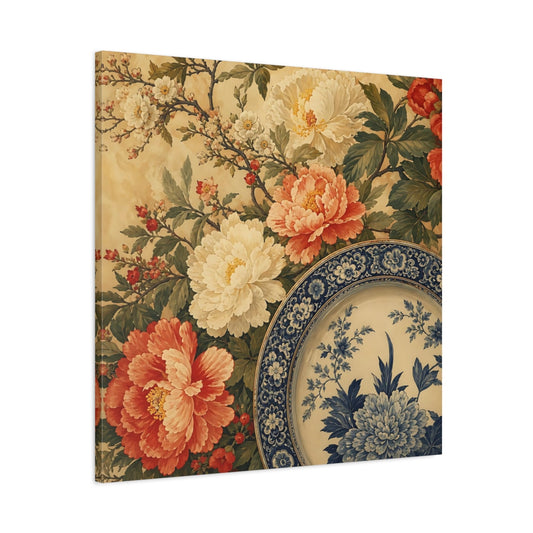 Main Mockup. Floral Floral Arrangement Vintage Floral Plate shown as stretched canvas wall art
