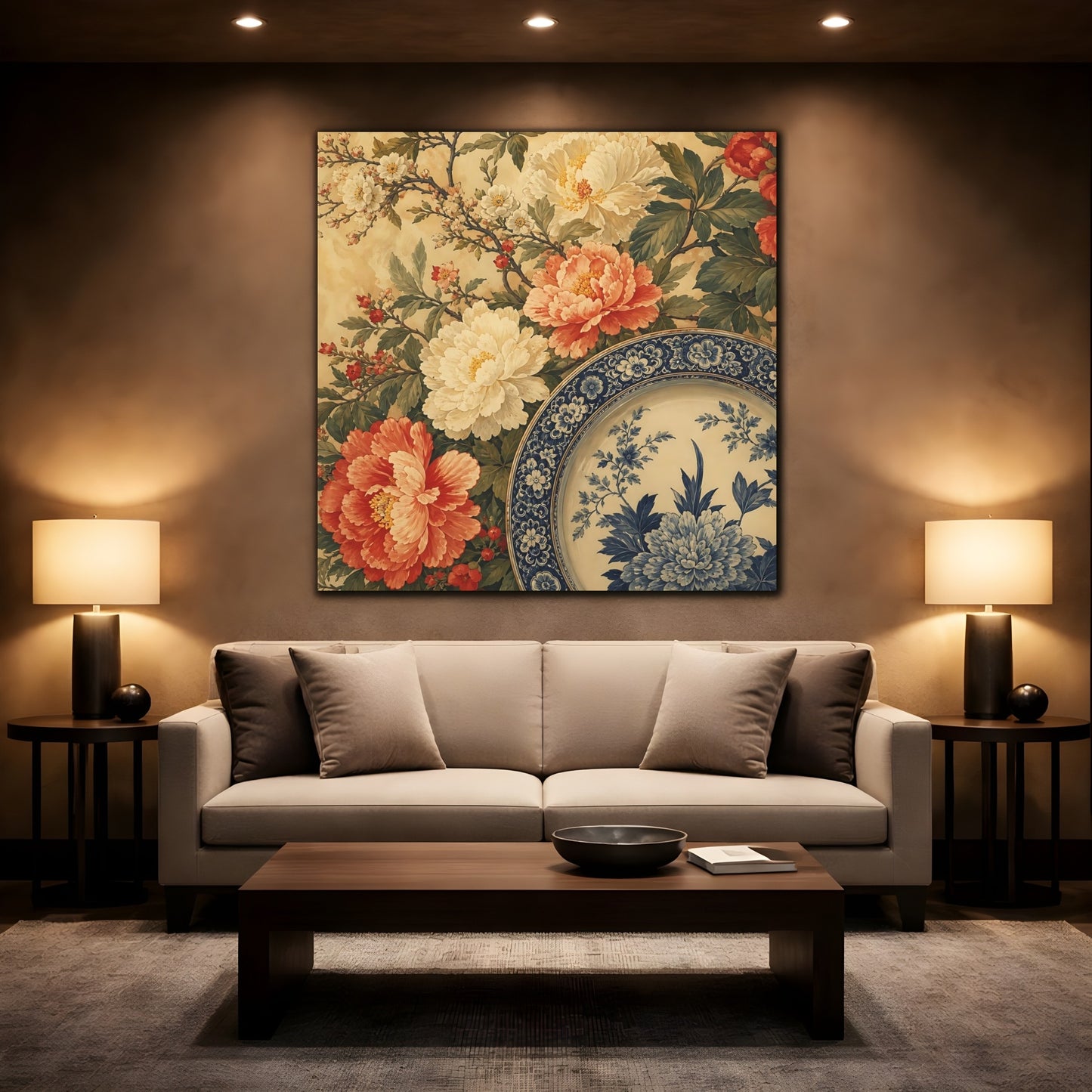 Mockup 2. Floral Floral Arrangement Vintage Floral Plate shown as stretched canvas wall art