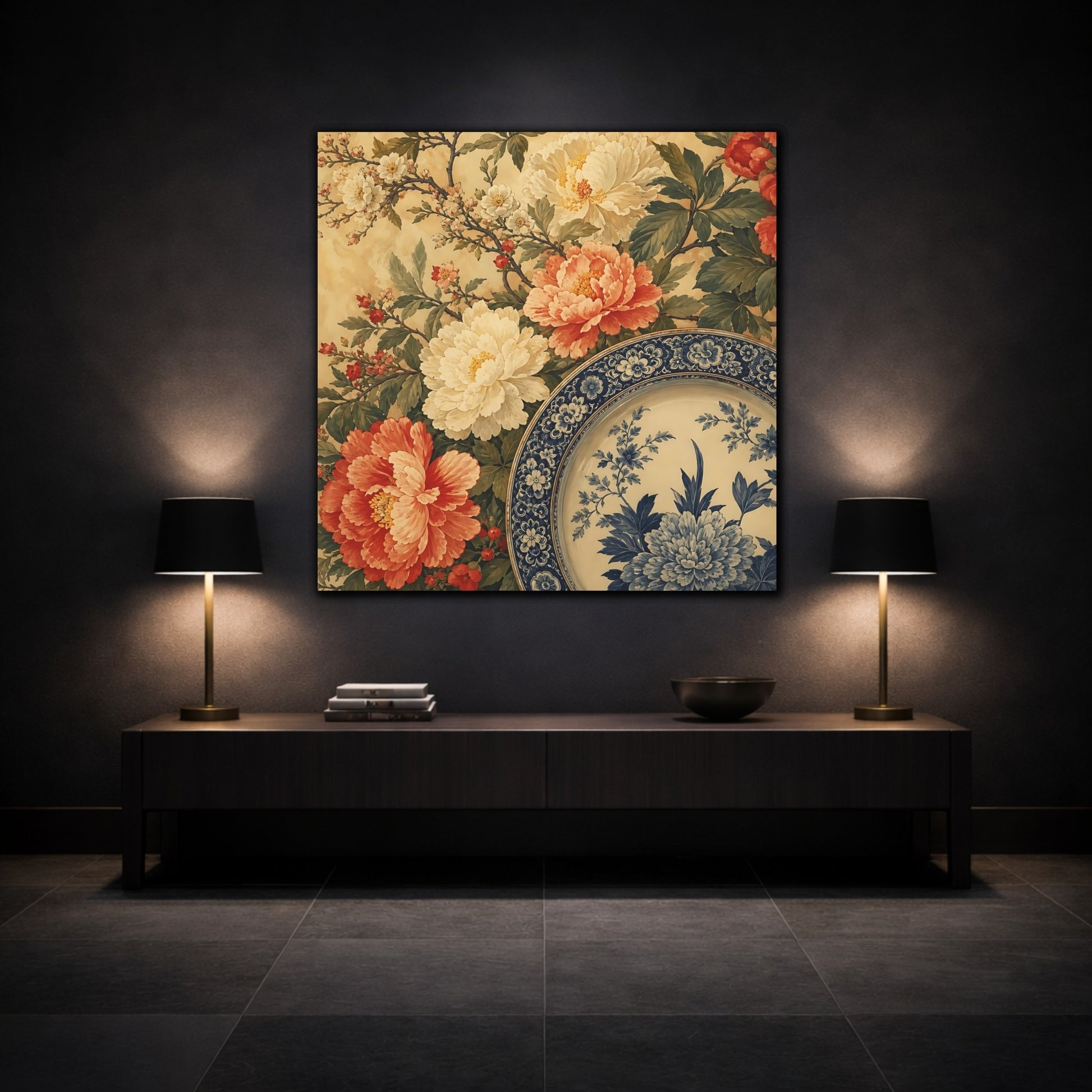 Mockup 3. Floral Floral Arrangement Vintage Floral Plate shown as stretched canvas wall art