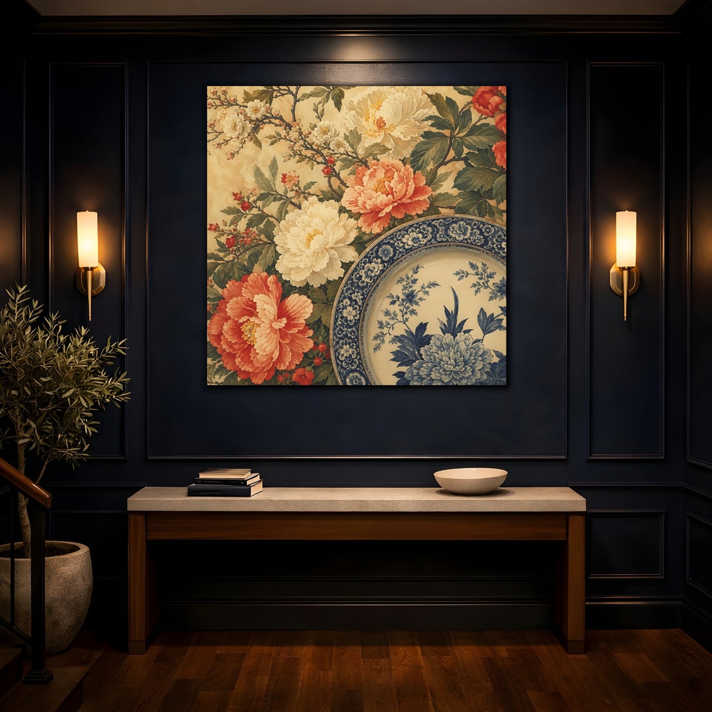 Mockup 4. Floral Floral Arrangement Vintage Floral Plate shown as stretched canvas wall art