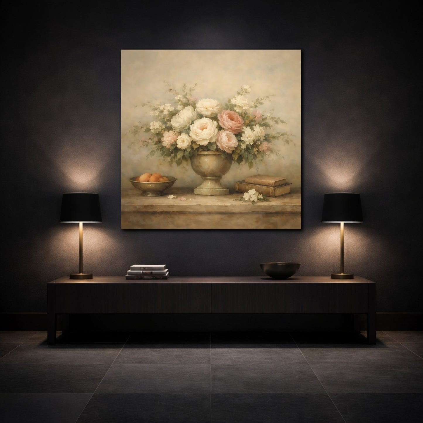 Mockup 3. Floral Floral Arrangement Vintage Floral Still Life shown as stretched canvas wall art