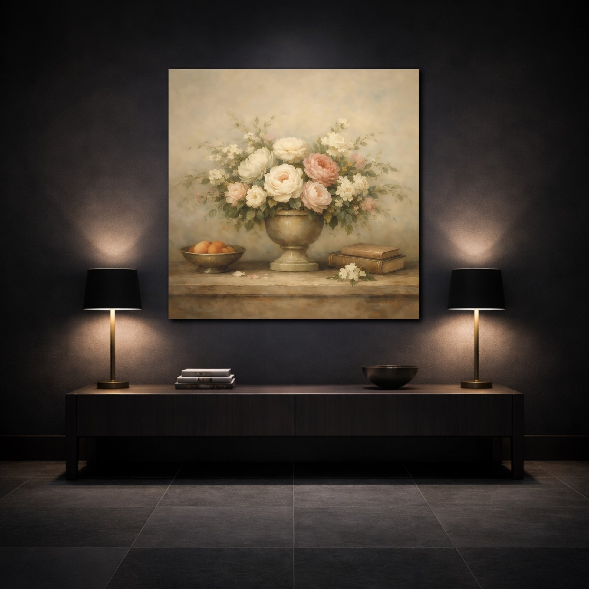 Mockup 3. Floral Floral Arrangement Vintage Floral Still Life shown as stretched canvas wall art
