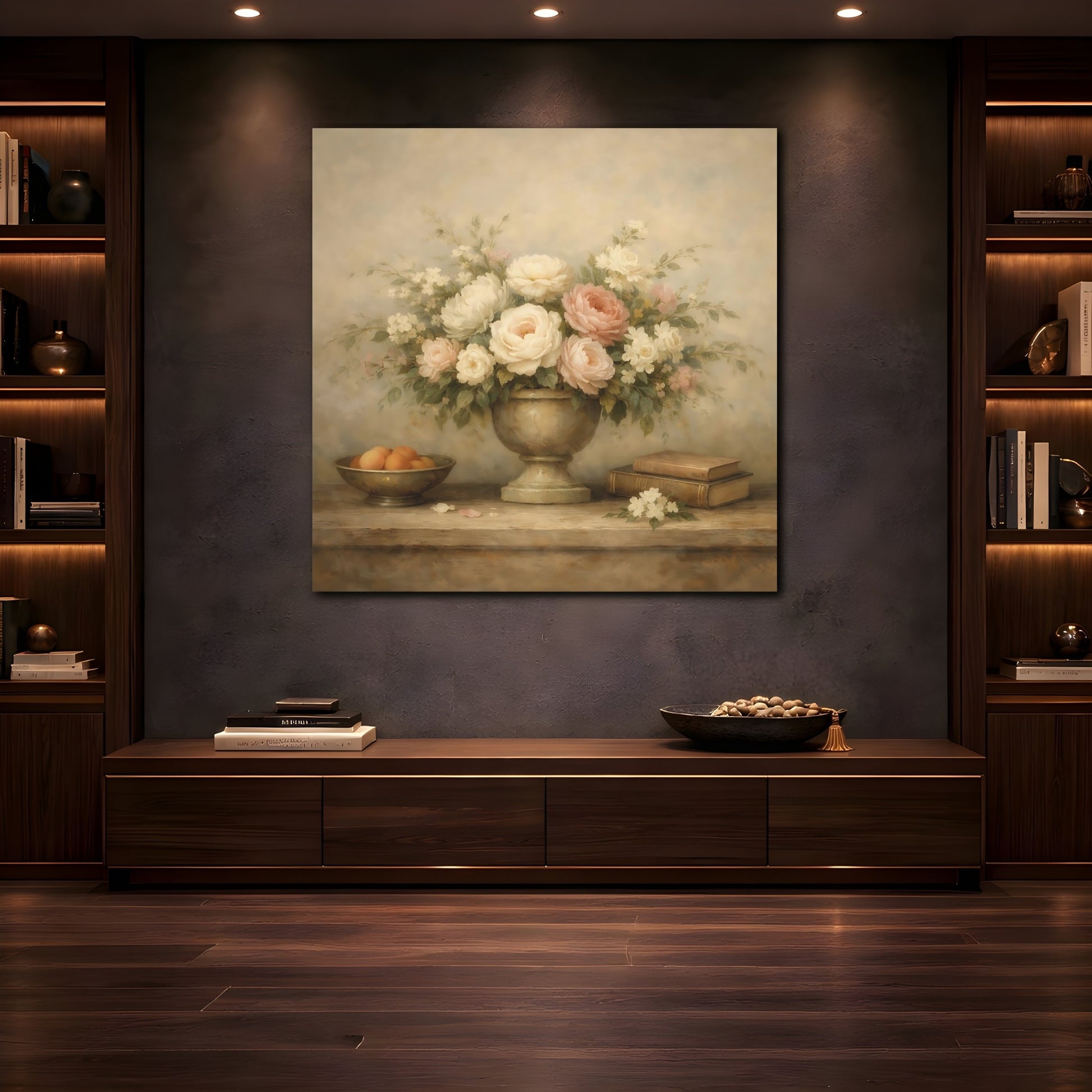 Mockup 4. Floral Floral Arrangement Vintage Floral Still Life shown as stretched canvas wall art