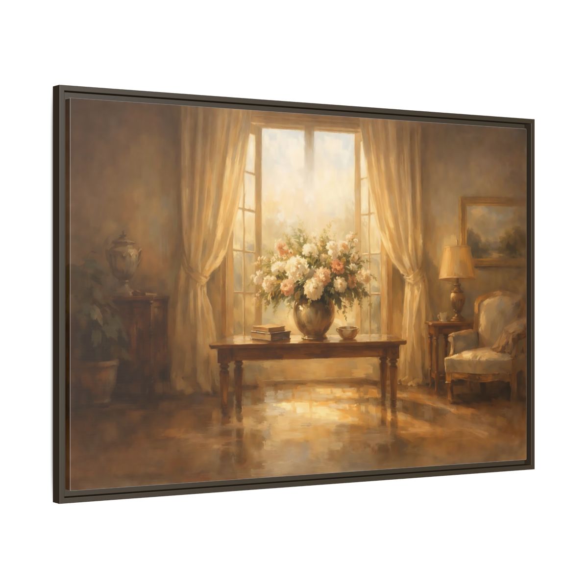 Main Mockup. Floral Floral Arrangement Warm Brown Tones shown as stretched canvas wall art