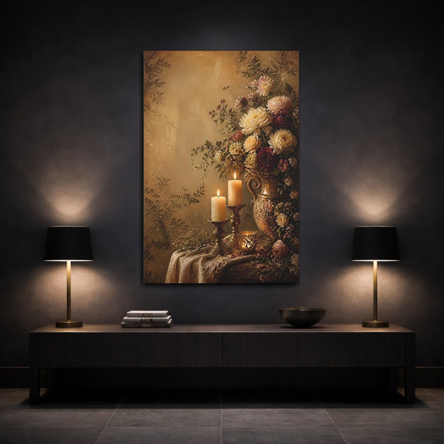 Mockup 3. Floral Floral Arrangement Warm Tones Floral shown as stretched canvas wall art