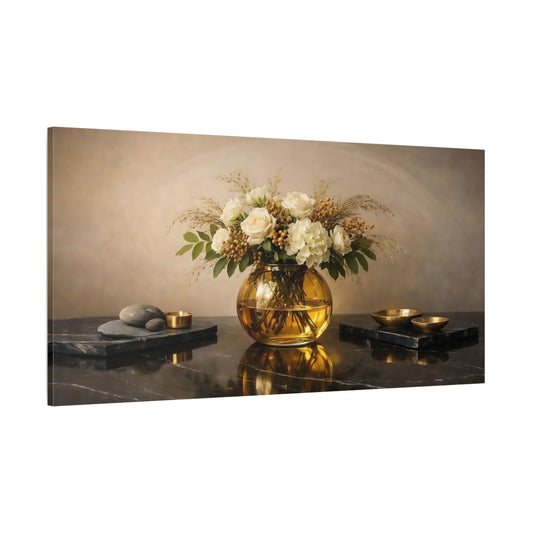 Main Mockup. Floral Floral Arrangement White Gold Floral shown as stretched canvas wall art